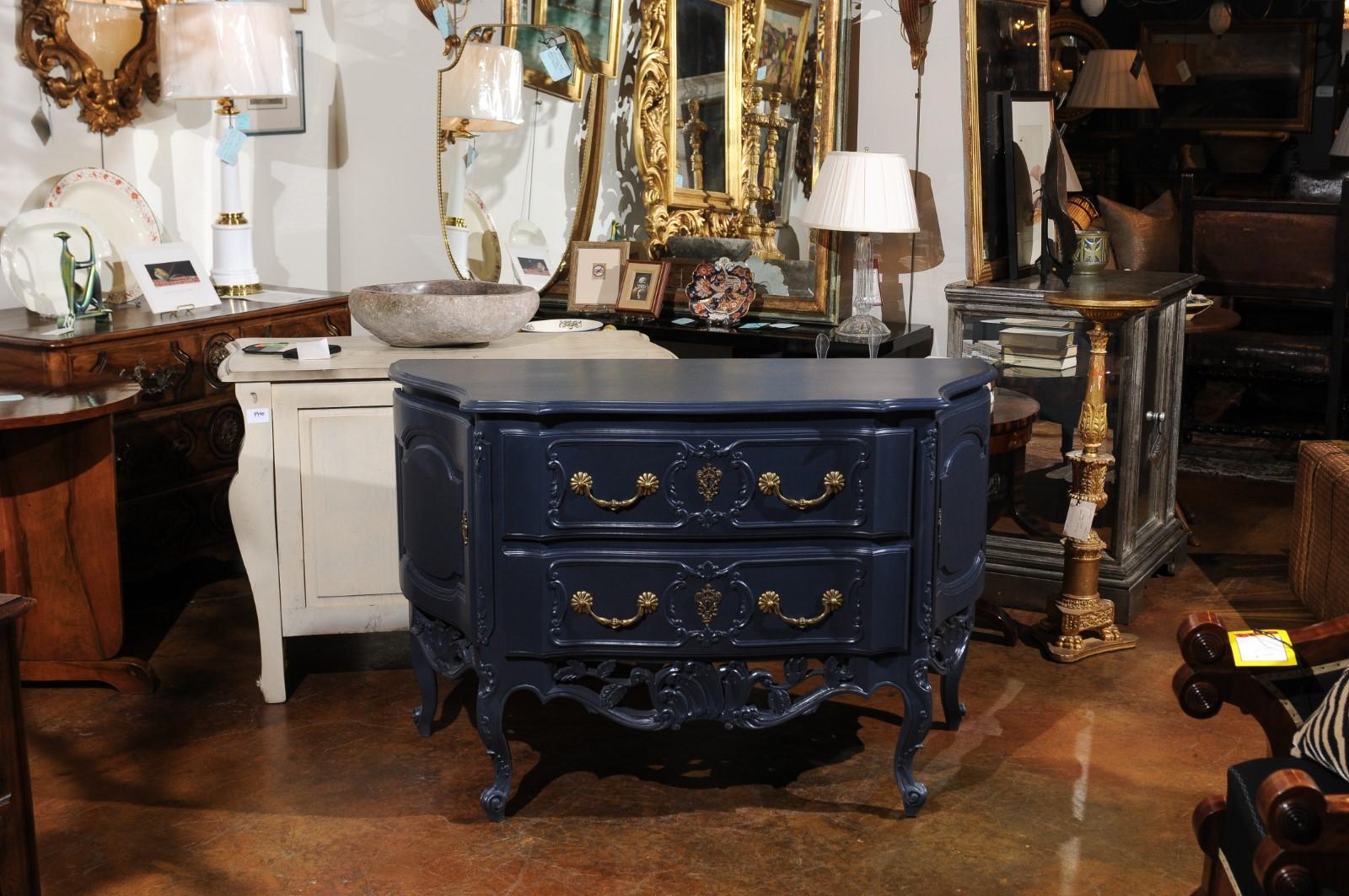 French Louis XV Style Midnight Blue Painted Two-Drawer Chest with Carved Skirt For Sale 6