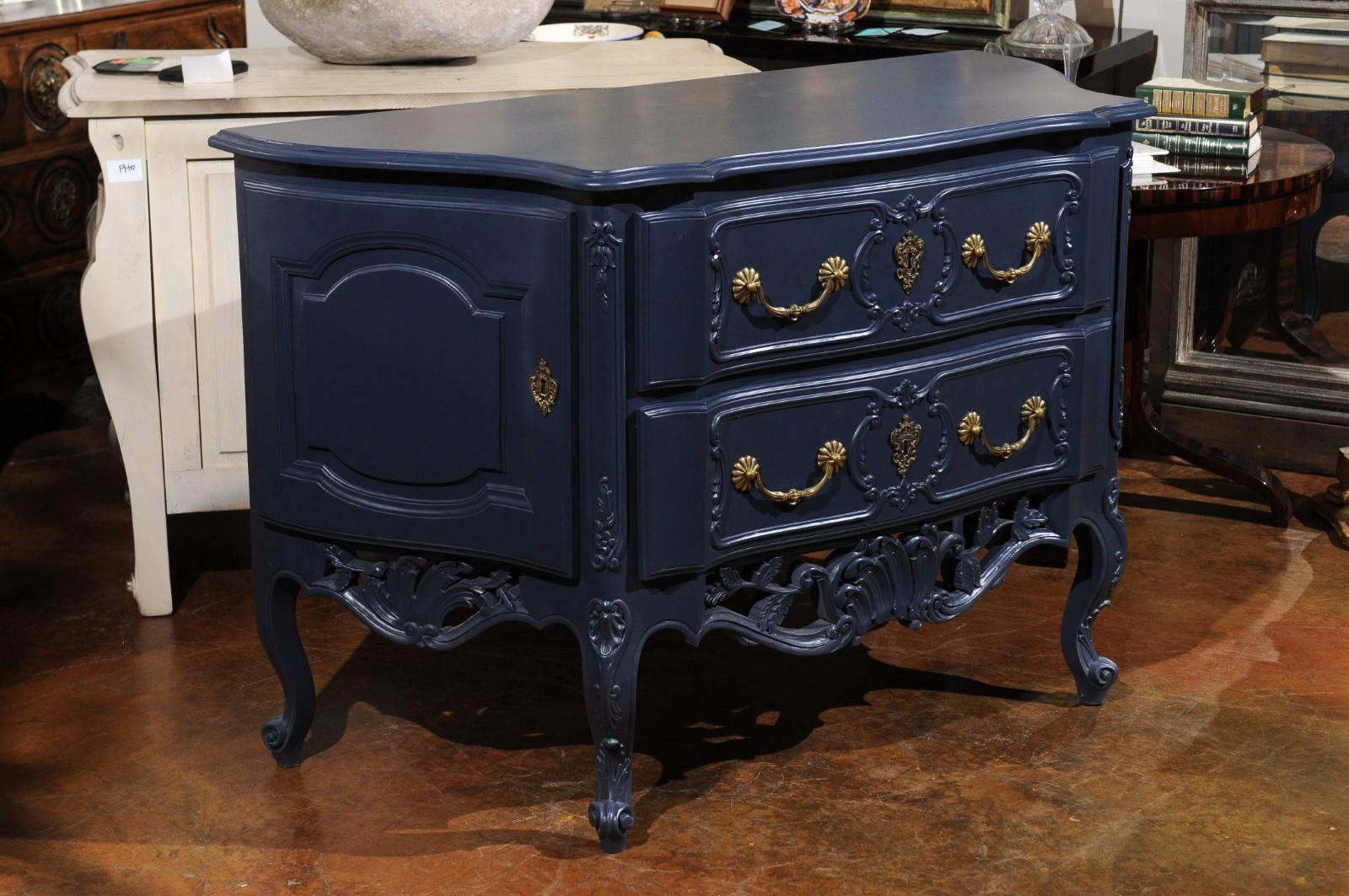French Louis XV Style Midnight Blue Painted Two-Drawer Chest with Carved Skirt (Louis XV.) im Angebot