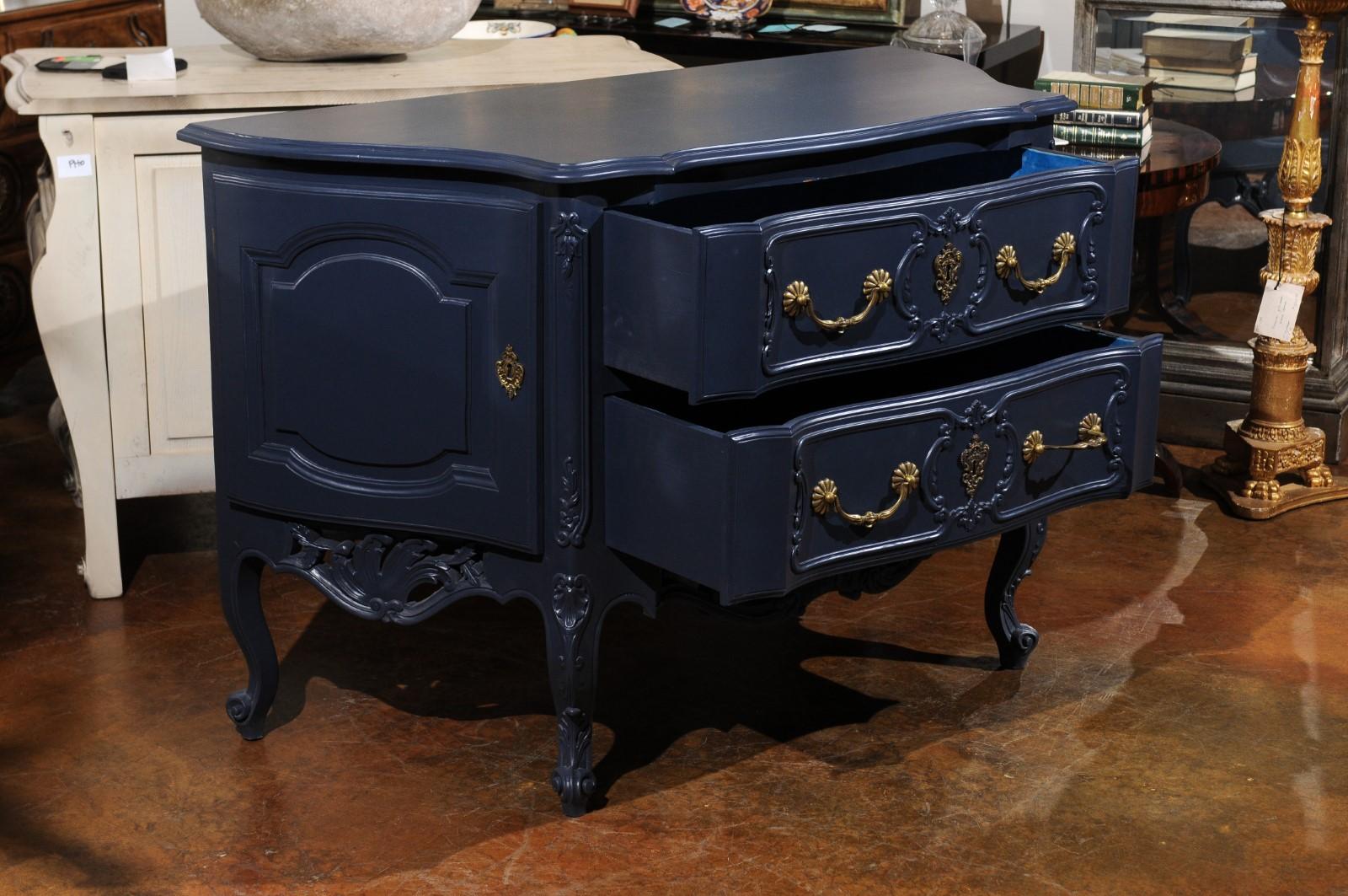 French Louis XV Style Midnight Blue Painted Two-Drawer Chest with Carved Skirt (Französisch) im Angebot