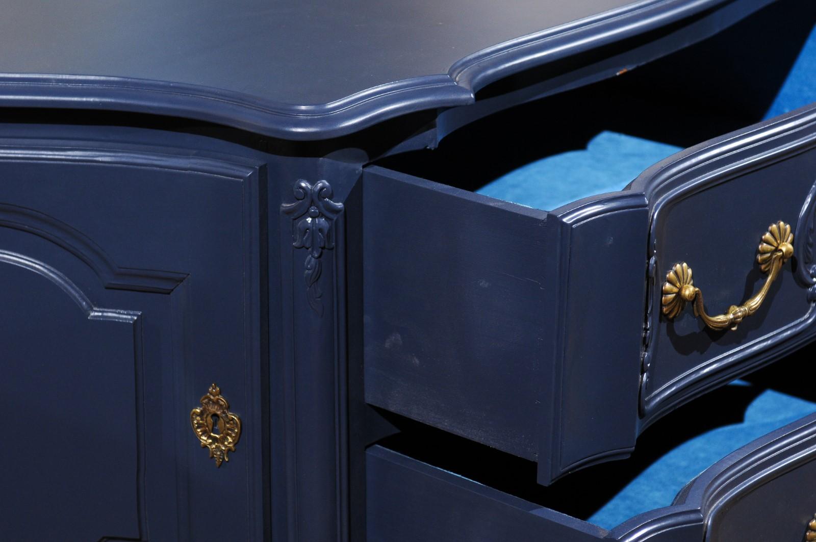 Wood French Louis XV Style Midnight Blue Painted Two-Drawer Chest with Carved Skirt For Sale