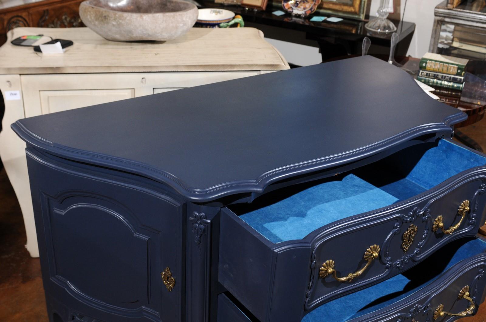 French Louis XV Style Midnight Blue Painted Two-Drawer Chest with Carved Skirt For Sale 1