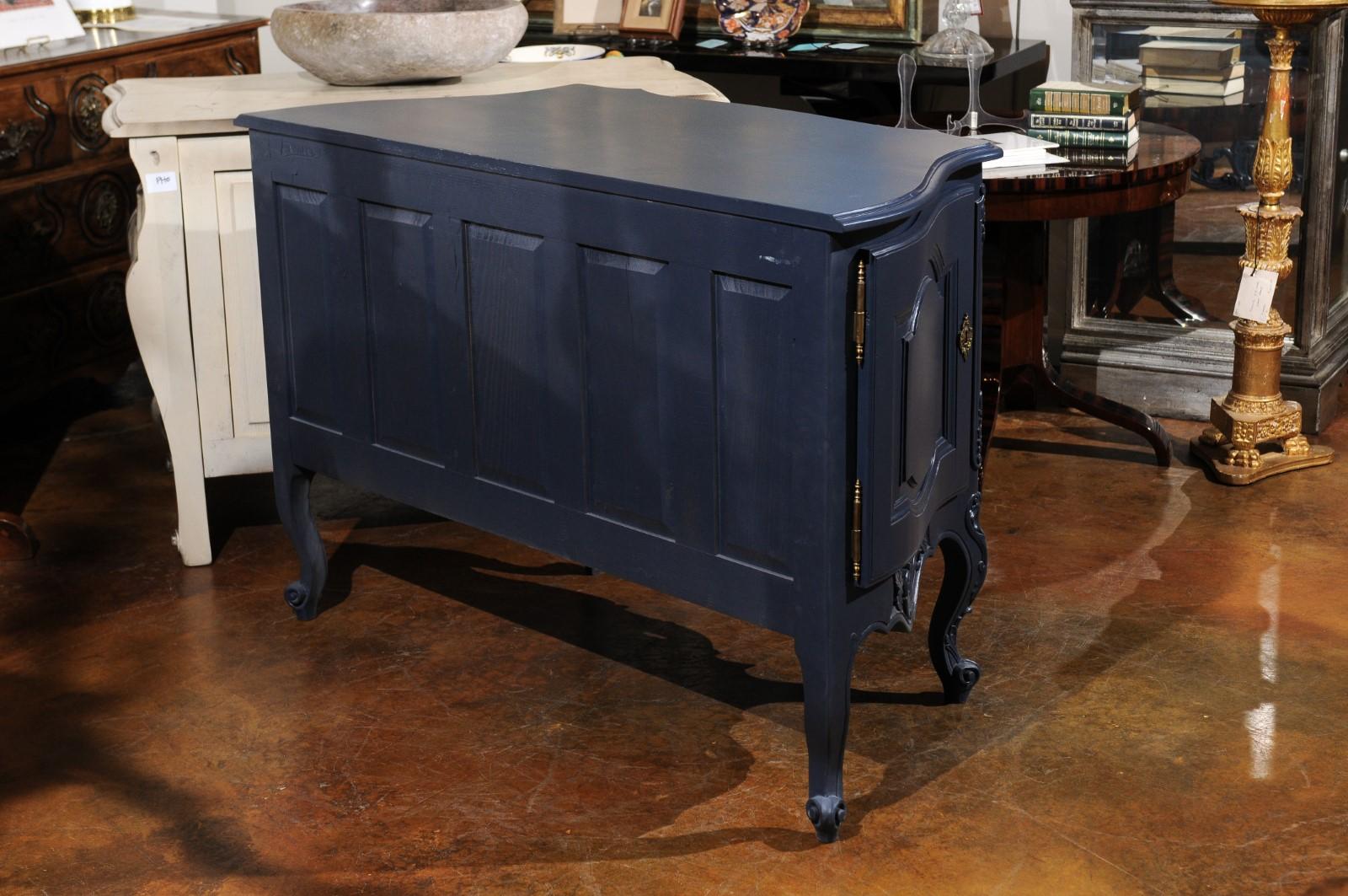 French Louis XV Style Midnight Blue Painted Two-Drawer Chest with Carved Skirt For Sale 3