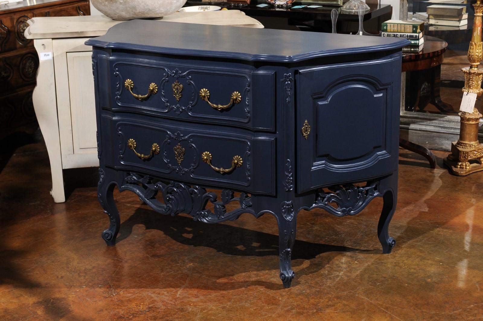 French Louis XV Style Midnight Blue Painted Two-Drawer Chest with Carved Skirt For Sale 4