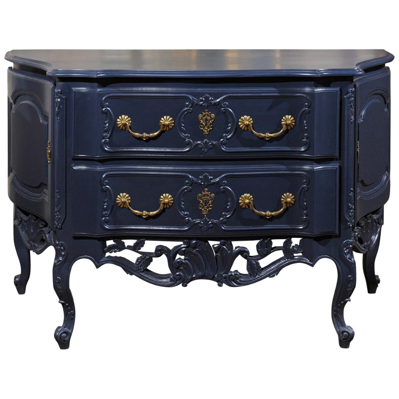 French Louis XV Style Midnight Blue Painted Two-Drawer Chest with Carved Skirt For Sale