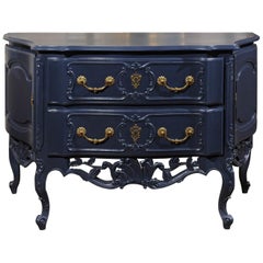 French Louis XV Style Midnight Blue Painted Two-Drawer Chest with Carved Skirt