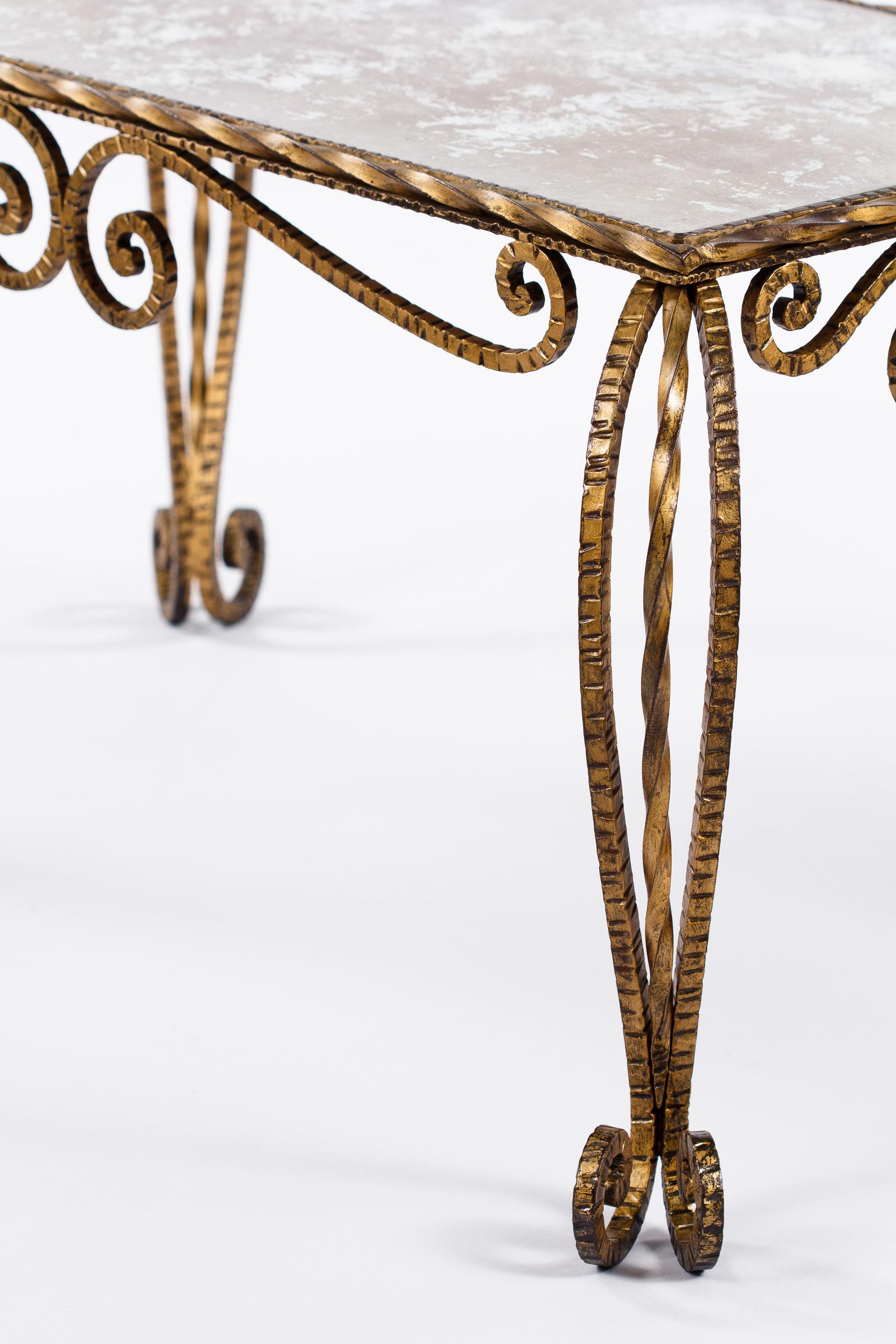 French Midcentury Gilded Metal and Mirrored Top Coffee Table, 1940s 8