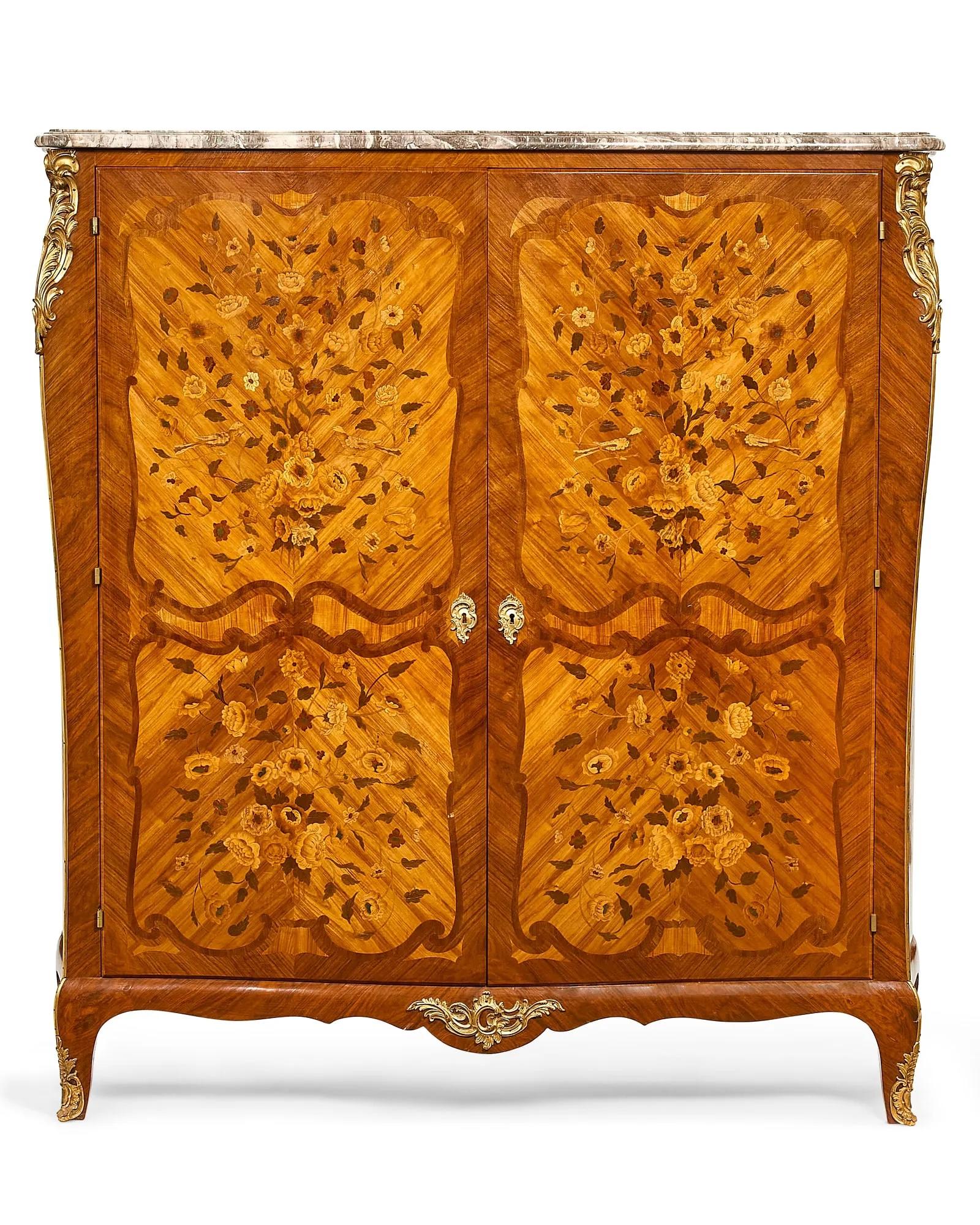 Antique French Louis XV Style Mixed Woods Marquetry Inlaid Armoire Circa 1890 For Sale 8