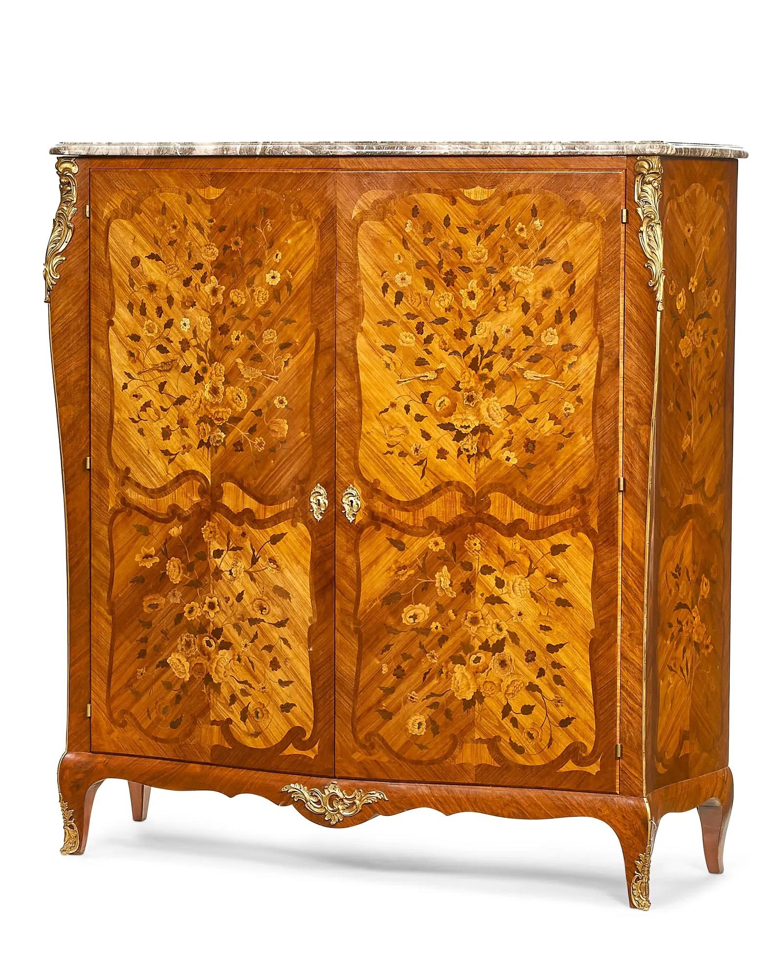 Hand-Crafted Antique French Louis XV Style Mixed Woods Marquetry Inlaid Armoire Circa 1890 For Sale