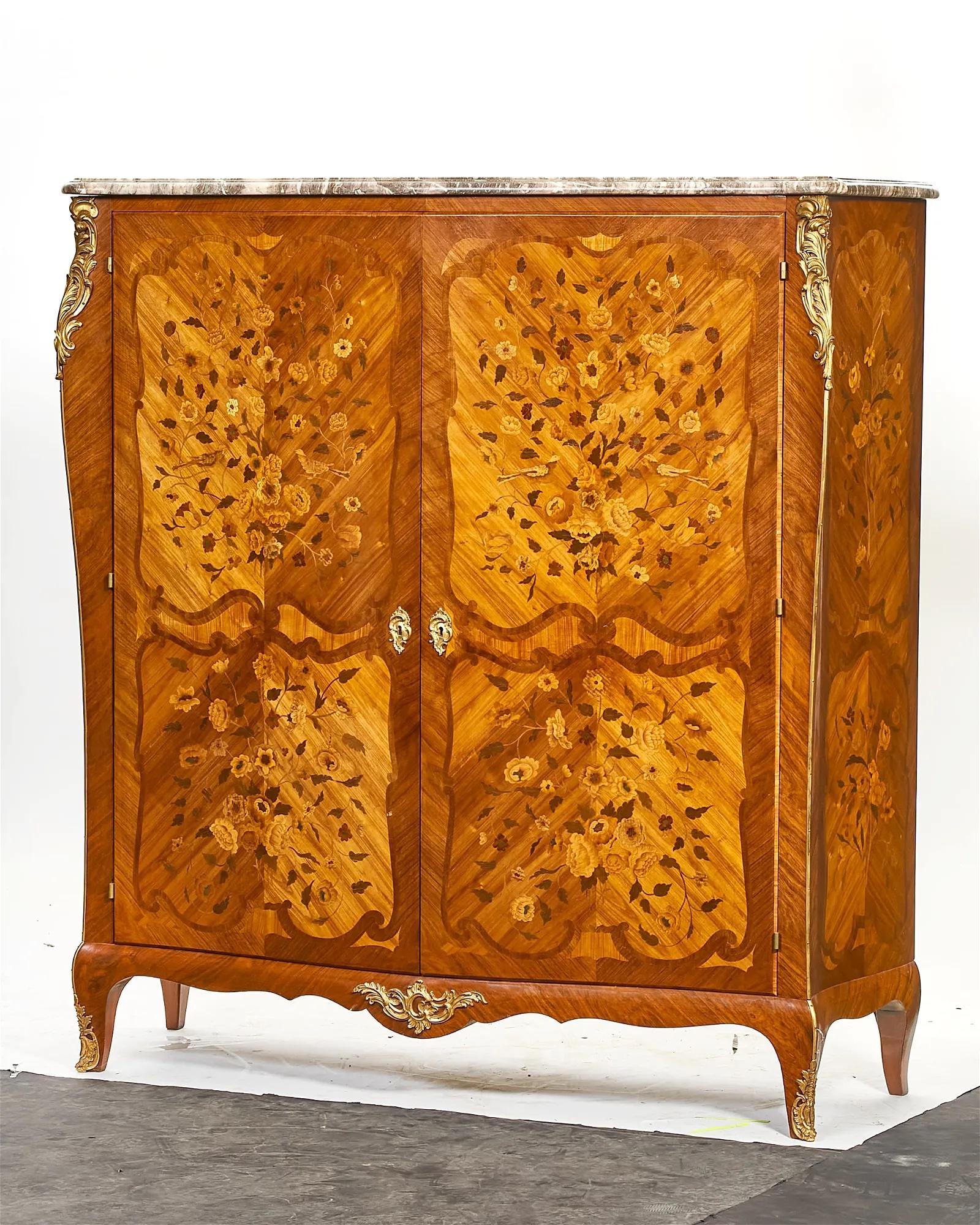 Walnut Antique French Louis XV Style Mixed Woods Marquetry Inlaid Armoire Circa 1890 For Sale