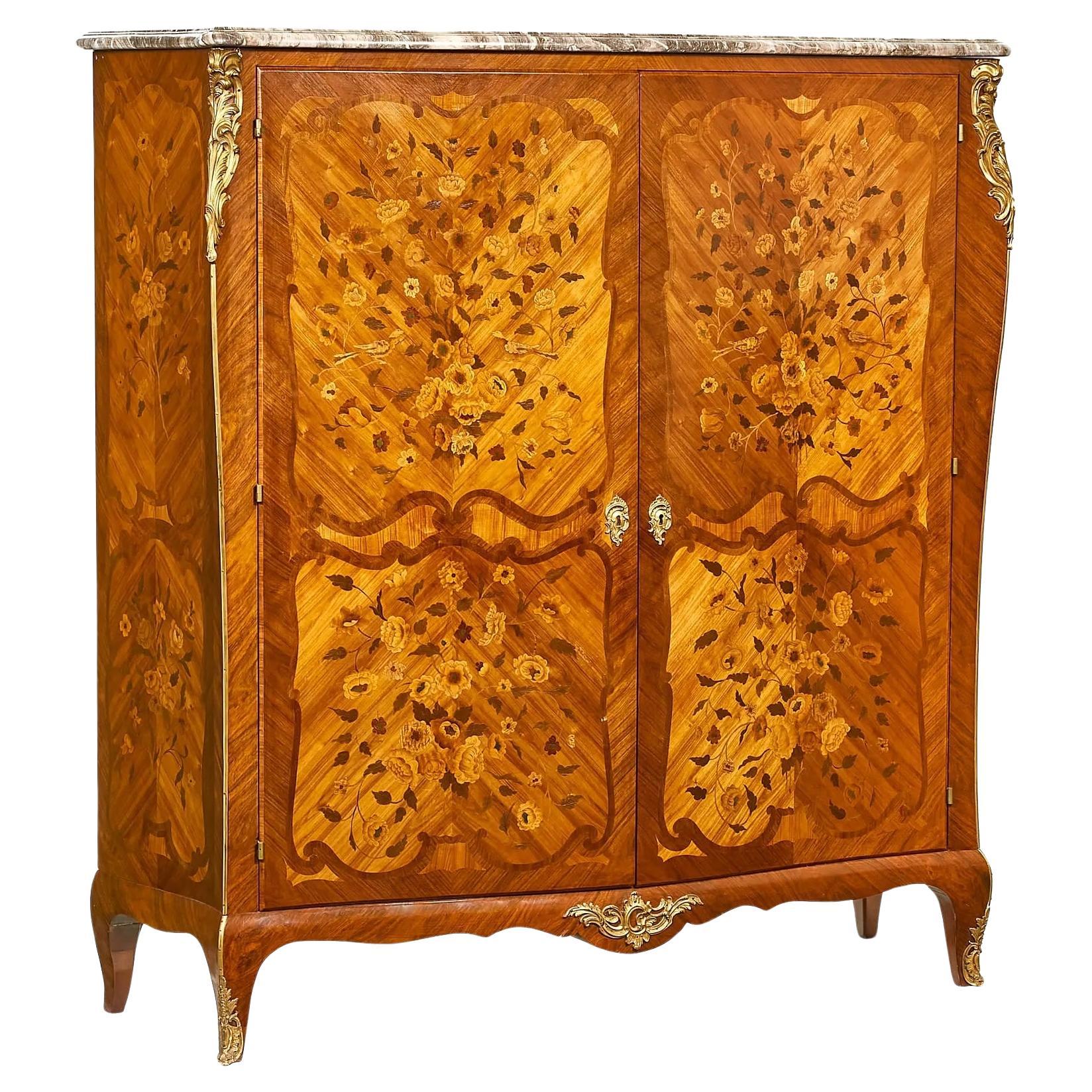 Antique French Louis XV Style Mixed Woods Marquetry Inlaid Armoire Circa 1890 For Sale