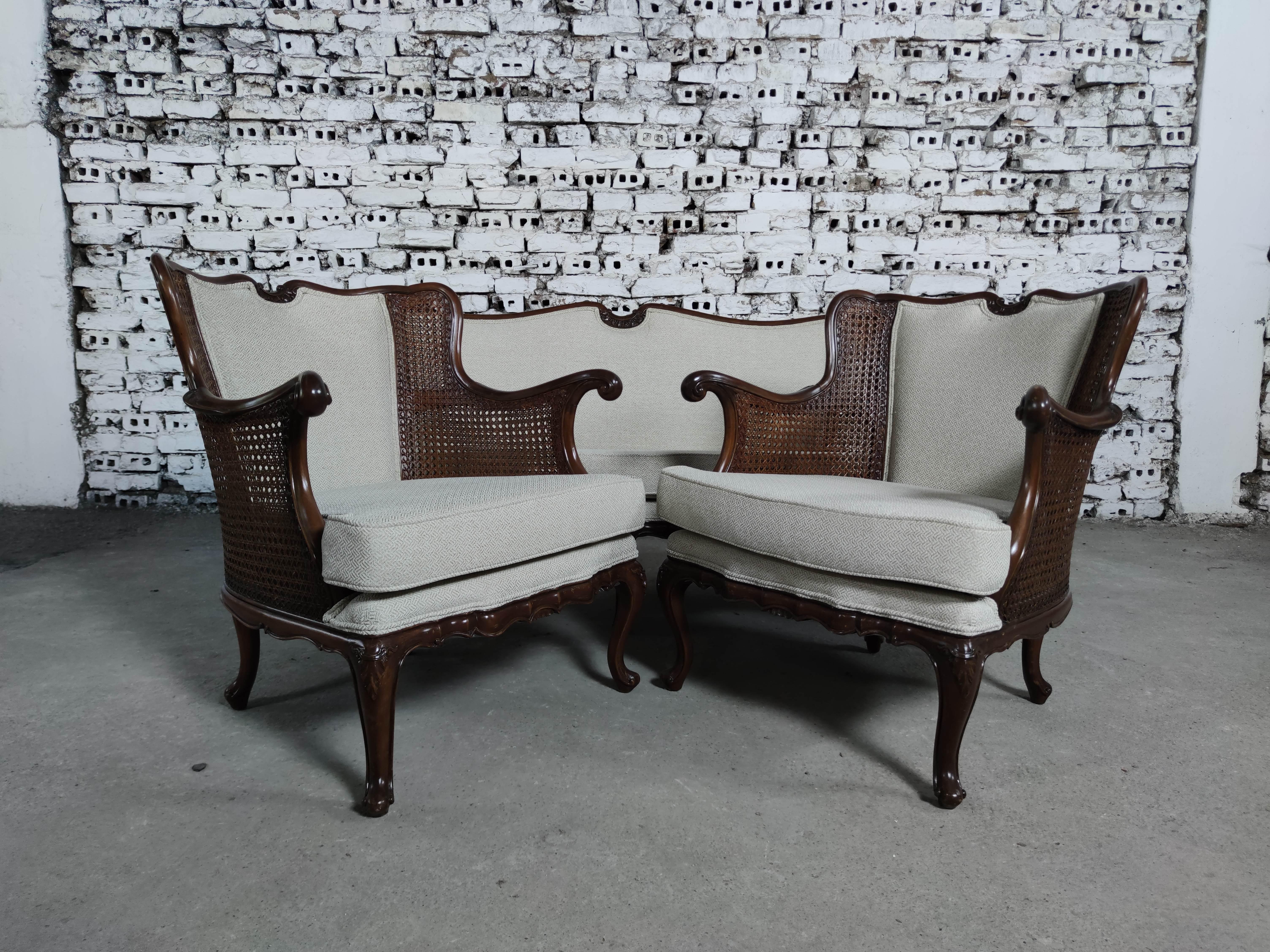 Upholstery French Louis XV Style Newly Upholstered Cane and Wood Salon Sofa Set of 3  For Sale