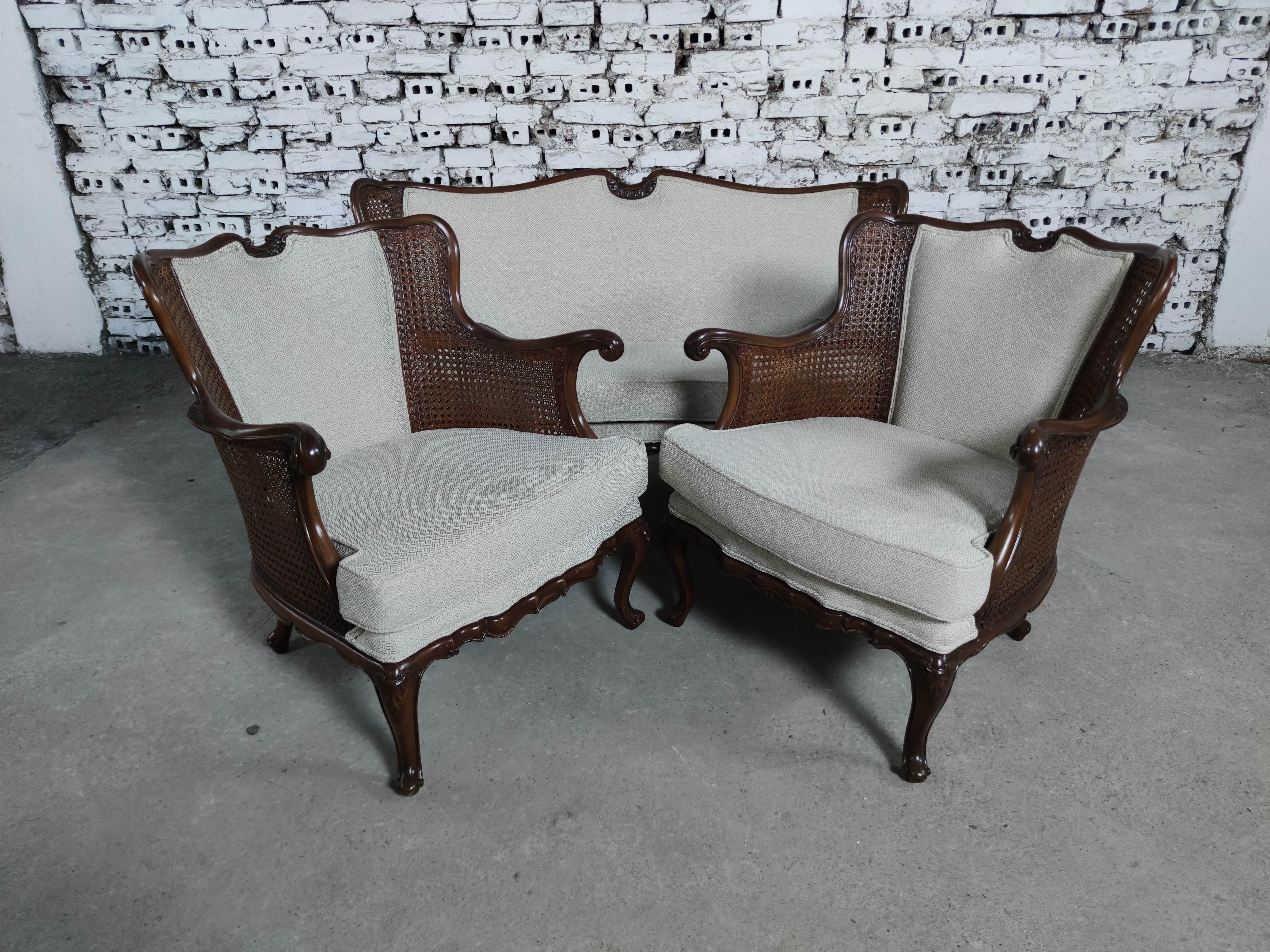 French Louis XV Style Newly Upholstered Cane and Wood Salon Sofa Set of 3  For Sale 1
