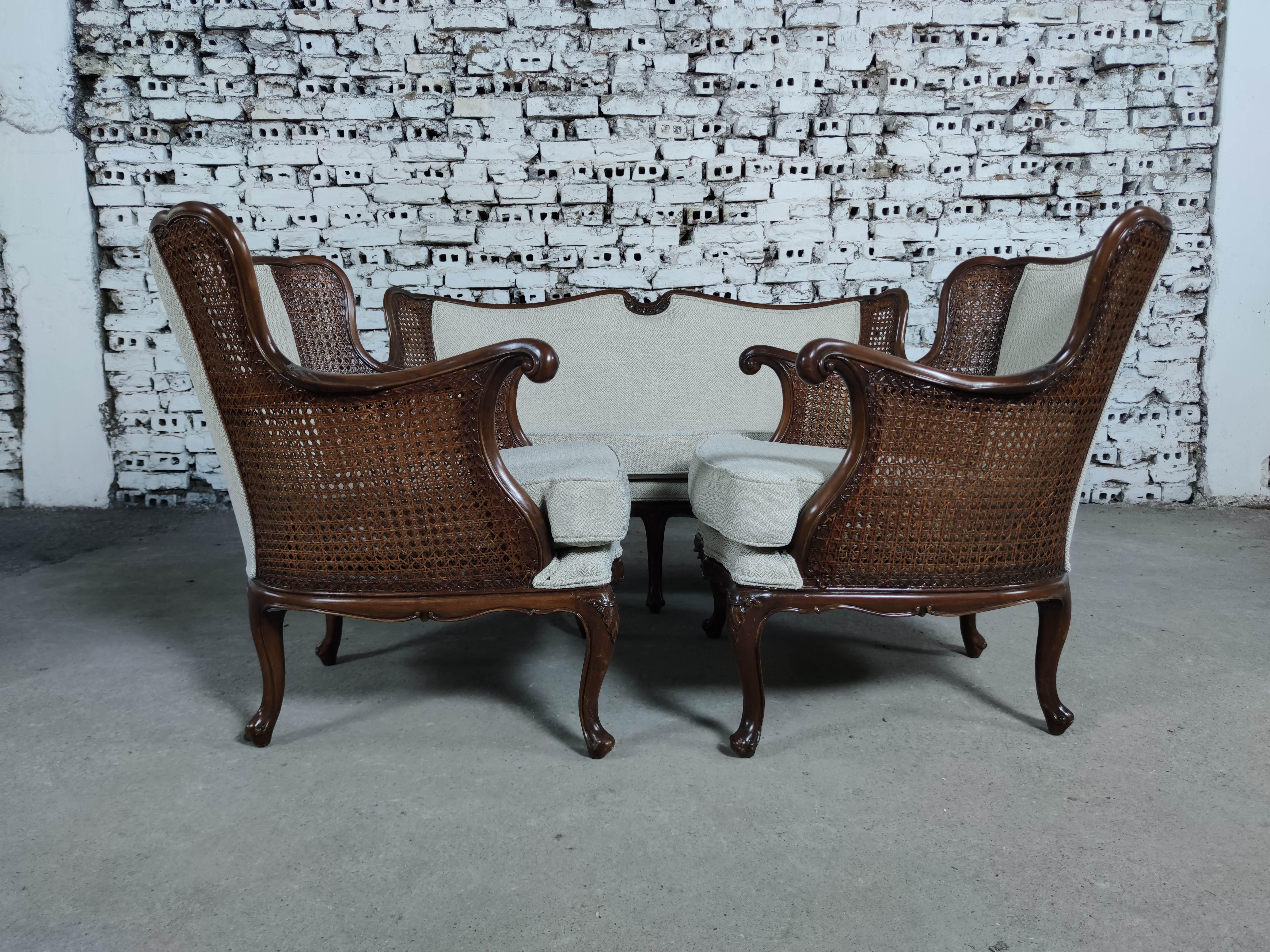 Französisch Louis XV Style Neu gepolstert Cane und Holz Salon Sofa Set von 3  im Angebot 3