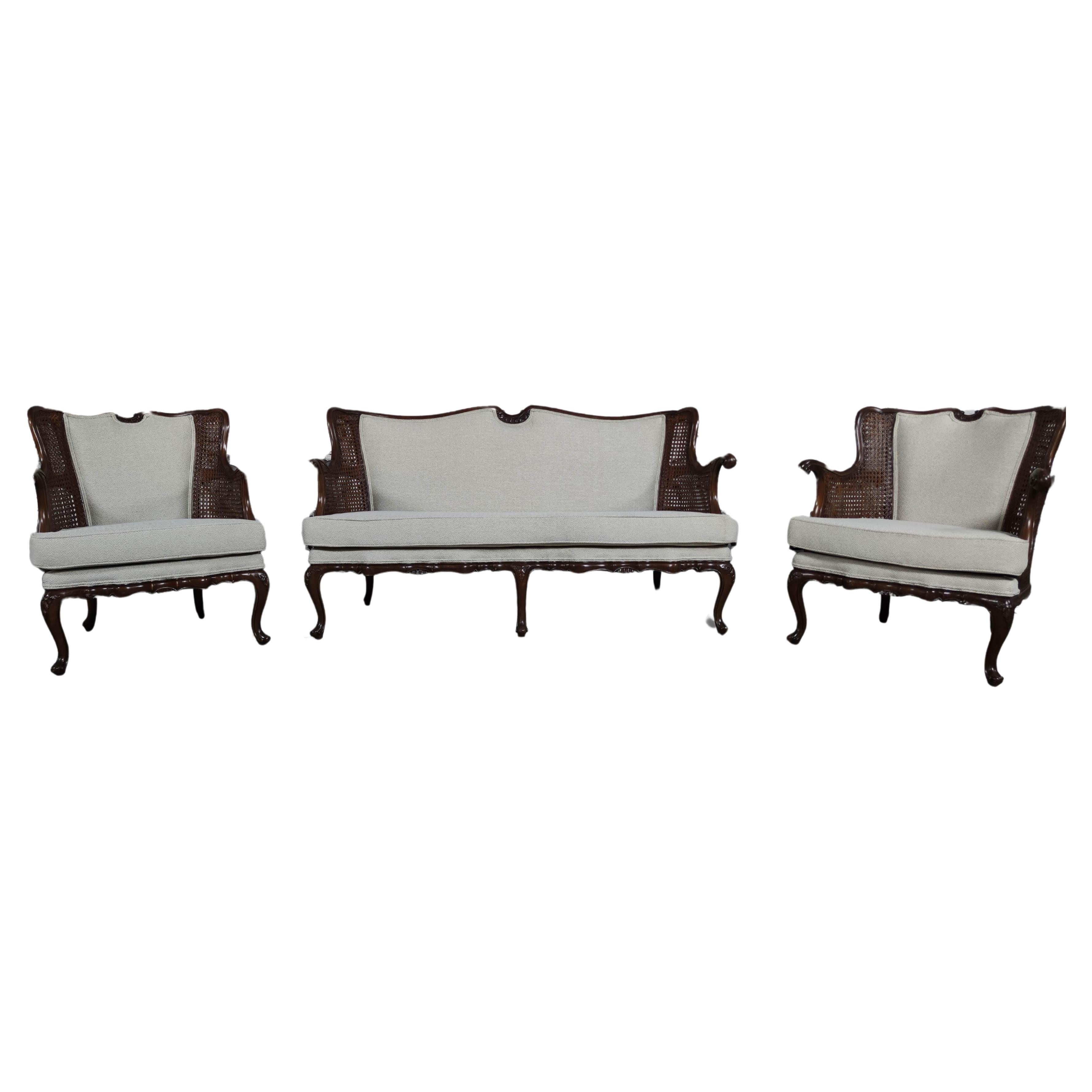 French Louis XV Style Newly Upholstered Cane and Wood Salon Sofa Set of 3  For Sale