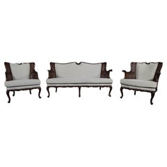 French Louis XV Style Newly Upholstered Cane and Wood Salon Sofa Set of 3 