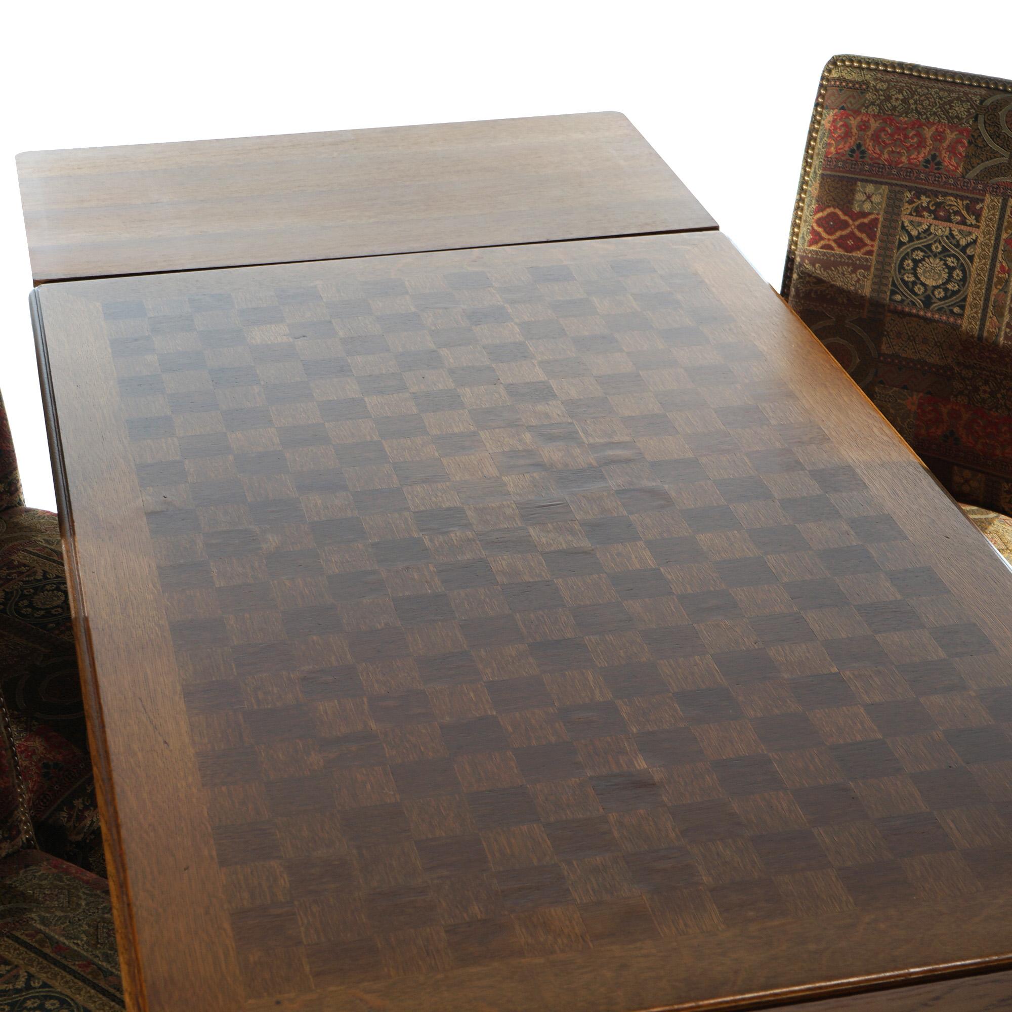 French Louis XV Style Oak Parquetry Draw-Top Dining Table & 4 Tall Back Chairs For Sale 4