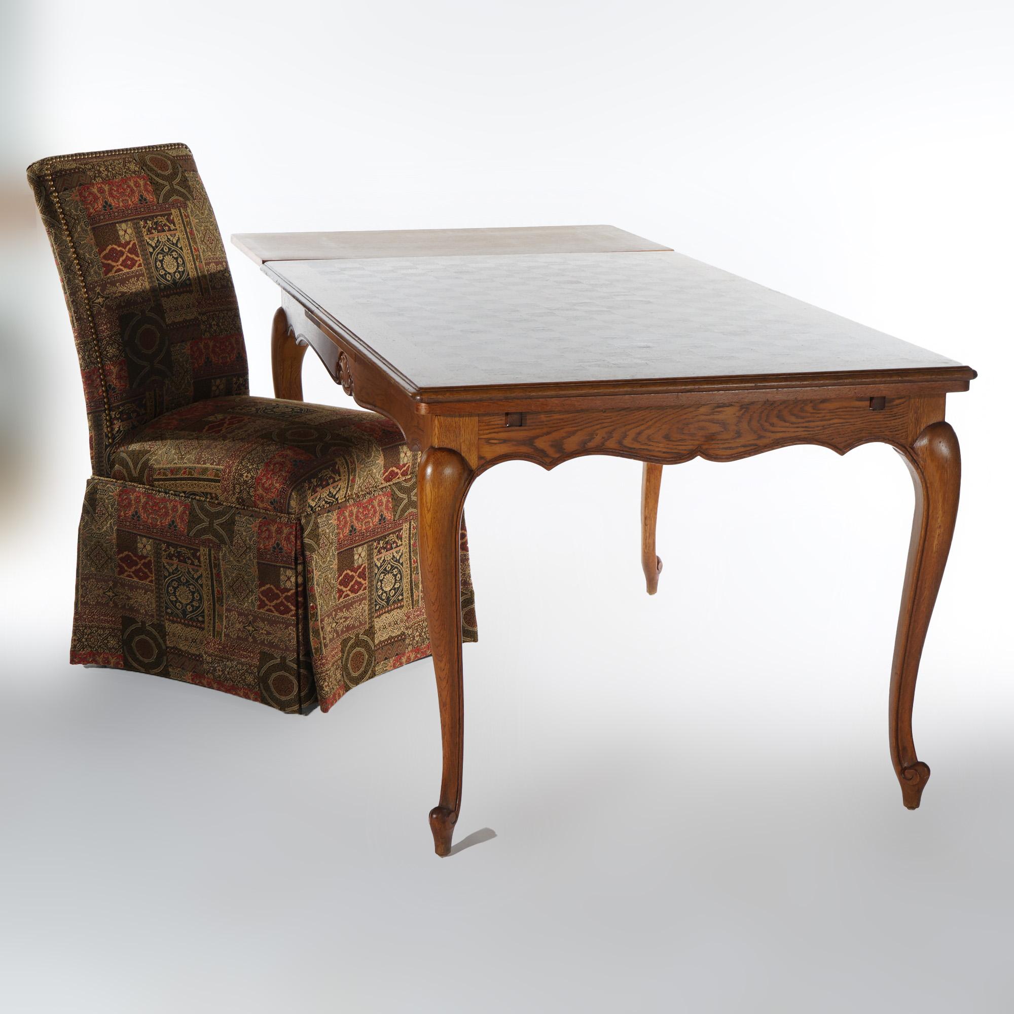French Louis XV Style Oak Parquetry Draw-Top Dining Table & 4 Tall Back Chairs For Sale 9