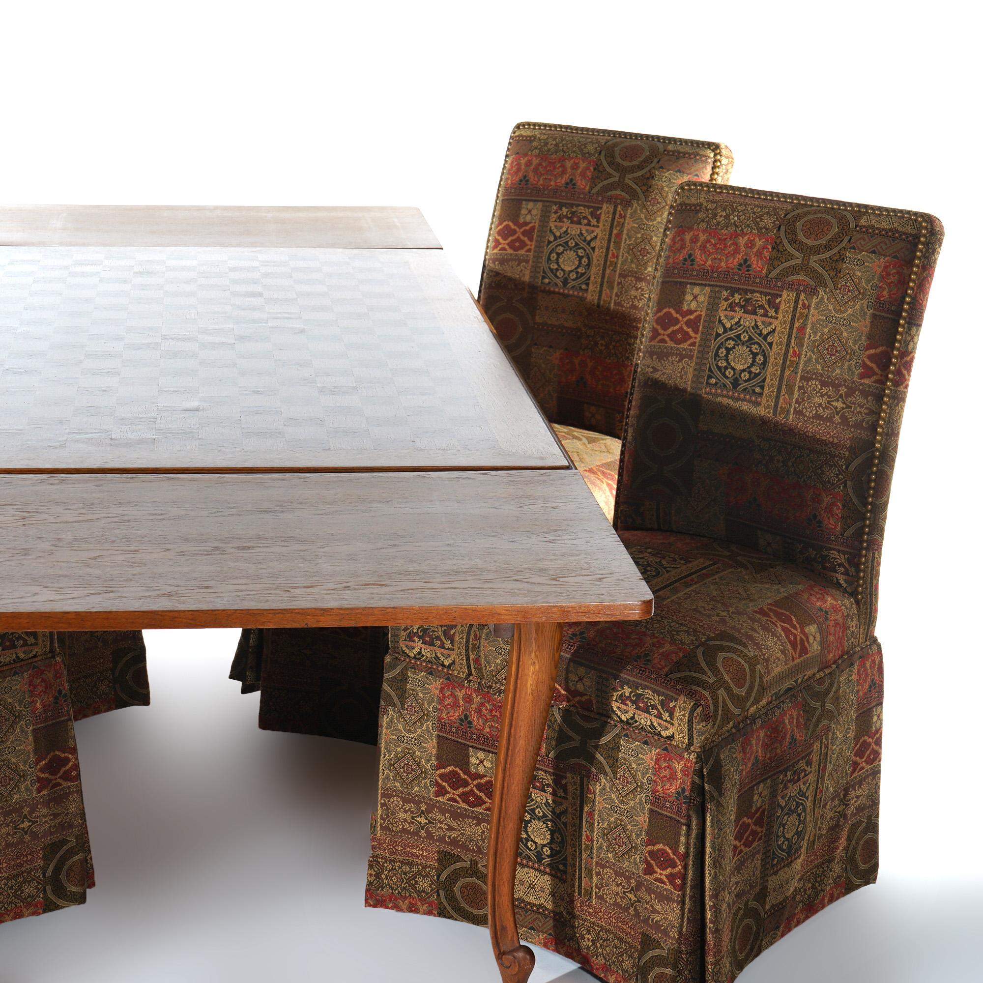 20th Century French Louis XV Style Oak Parquetry Draw-Top Dining Table & 4 Tall Back Chairs For Sale