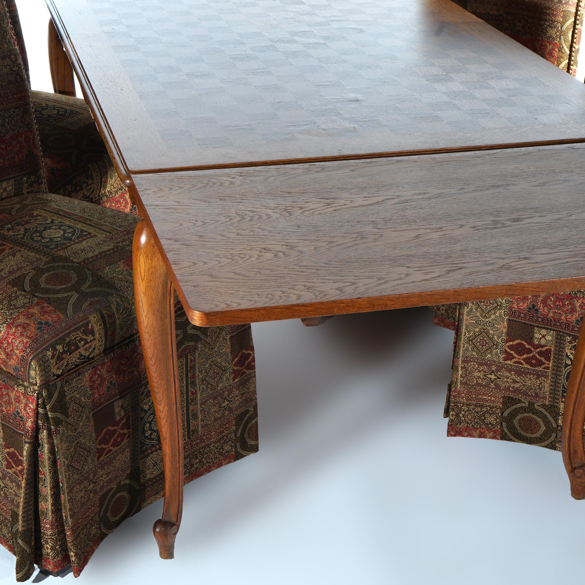 Upholstery French Louis XV Style Oak Parquetry Draw-Top Dining Table & 4 Tall Back Chairs For Sale