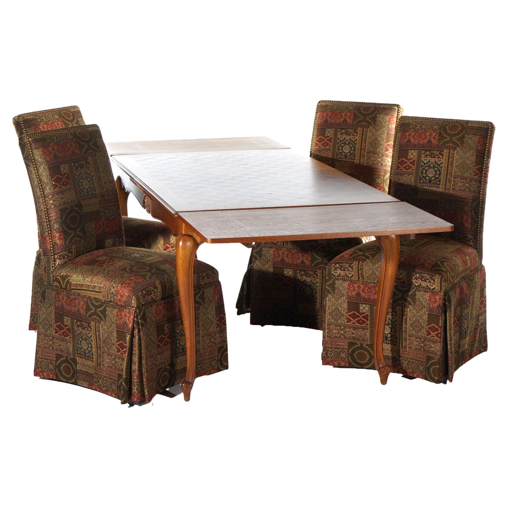 Table de salle à manger à tiroirs en parqueterie de chêne de style Louis XV et 4 chaises à haut dossier