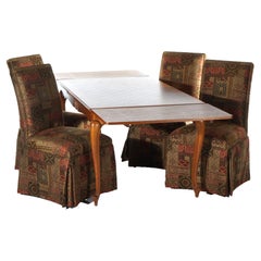 Used French Louis XV Style Oak Parquetry Draw-Top Dining Table & 4 Tall Back Chairs