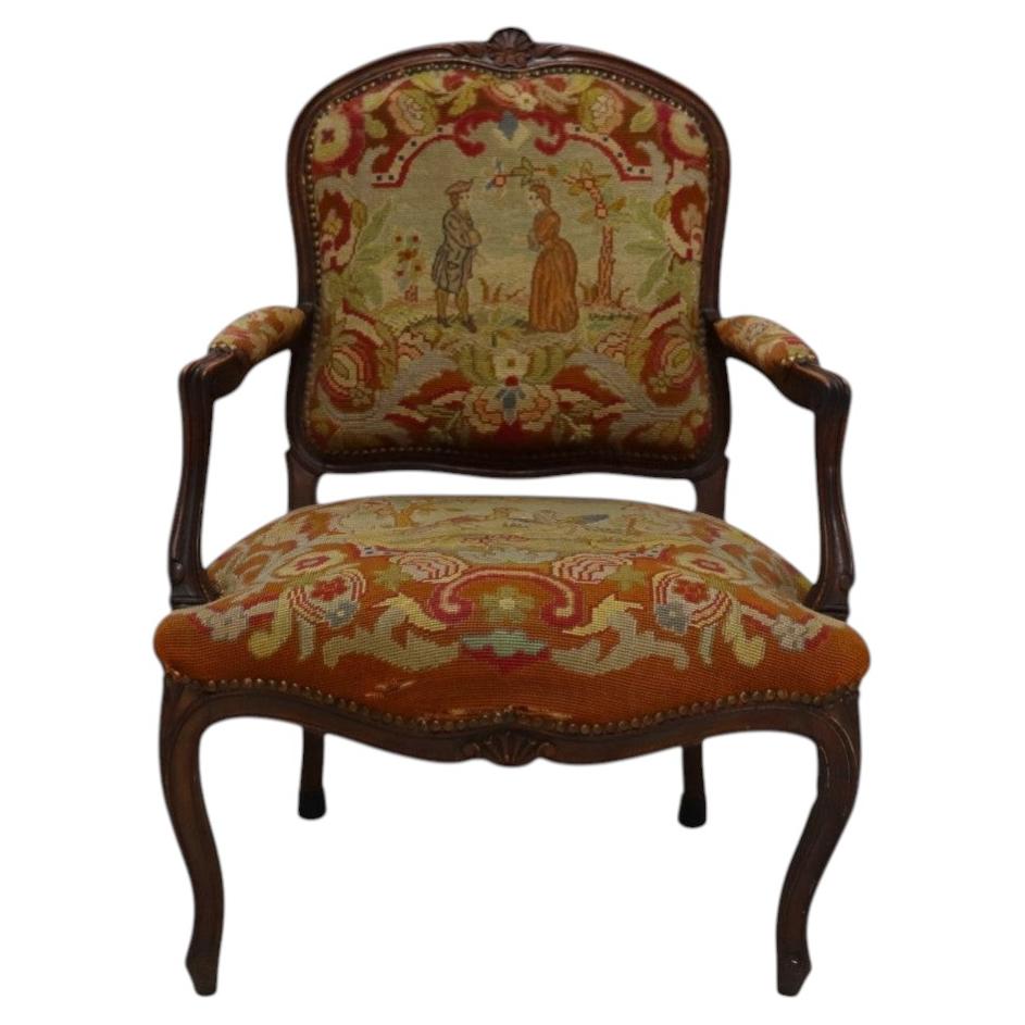 French Louis XV Style Original Tapestry Upholstered Walnut Arm Chair c1890