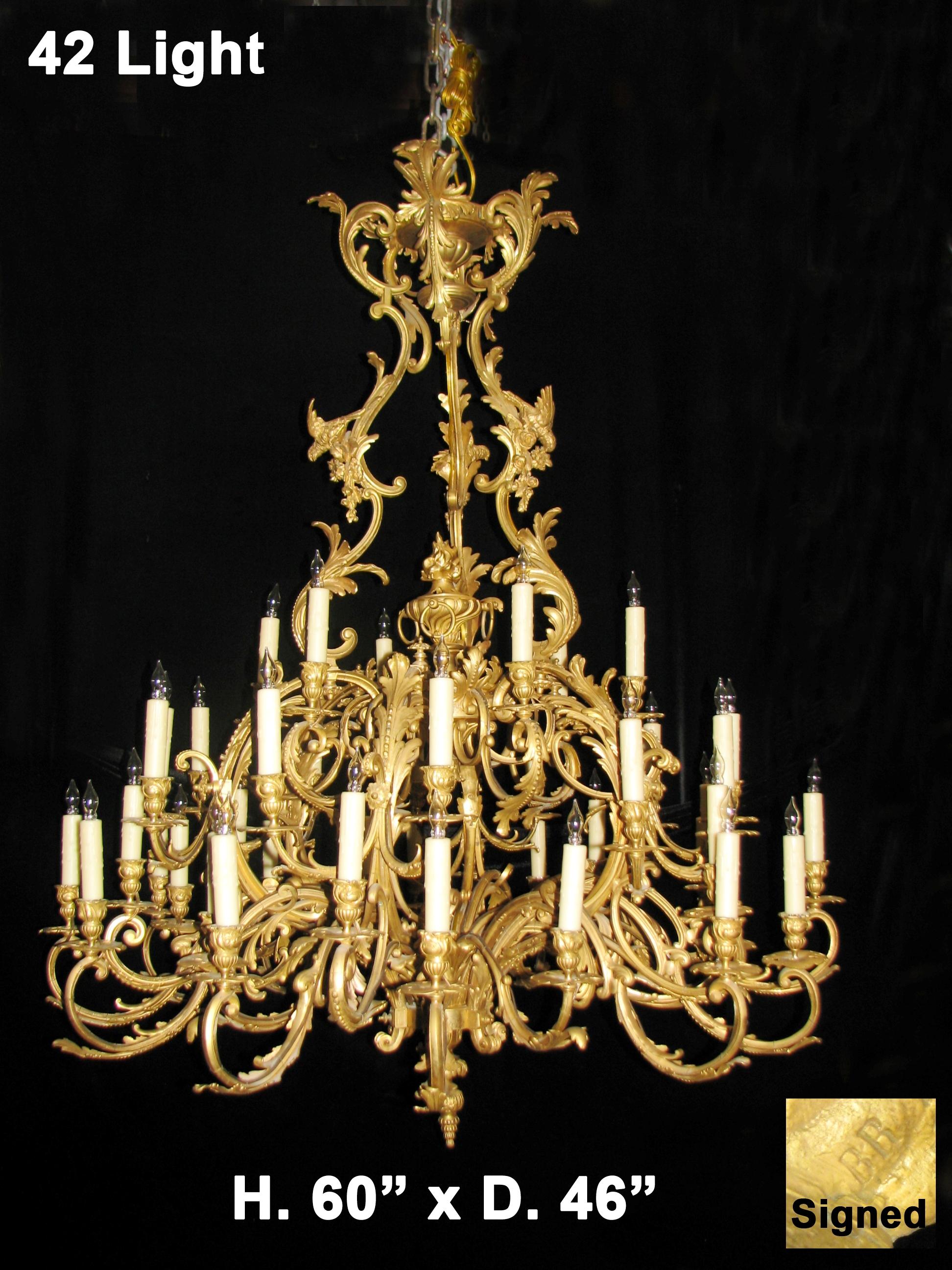 Sensationnel lustre de style Louis XV en bronze doré à deux niveaux à 42 lumières avec oiseaux. 
Signé BR. 
L'exquis lustre en bronze doré est surmonté d'une couronne d'acanthe en bronze doré, jointe à des supports à double volute et à motif de