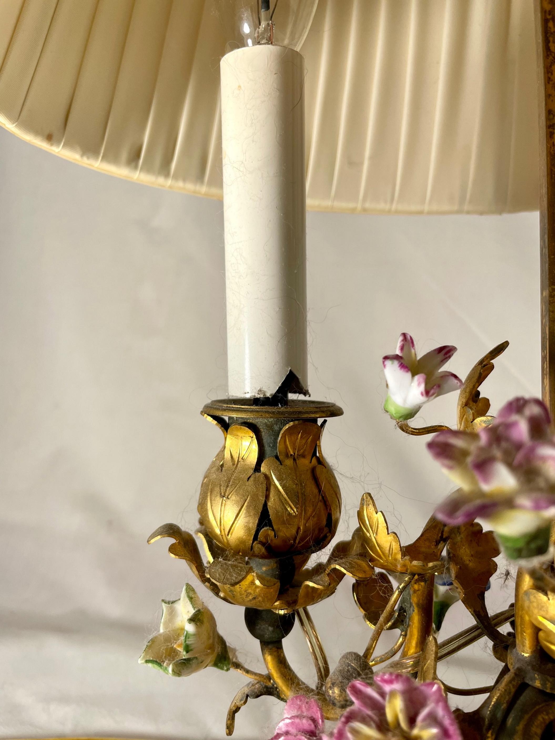 French Louis XV Style Ormolu Mounted Porcelain and Tole Two-Light Table Lamp 6