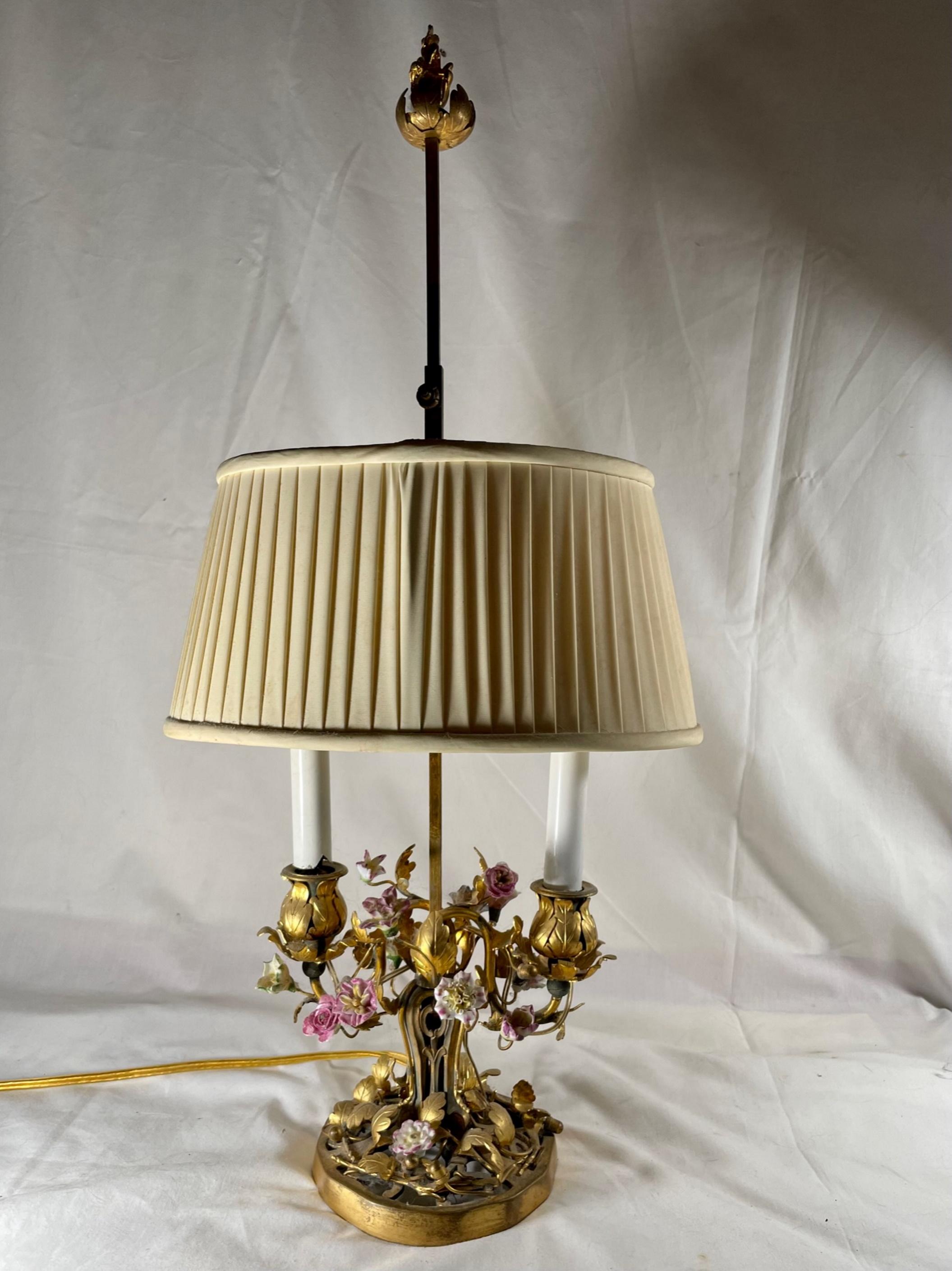 French Louis XV Style Ormolu Mounted Porcelain and Tole Two-Light Table Lamp 10