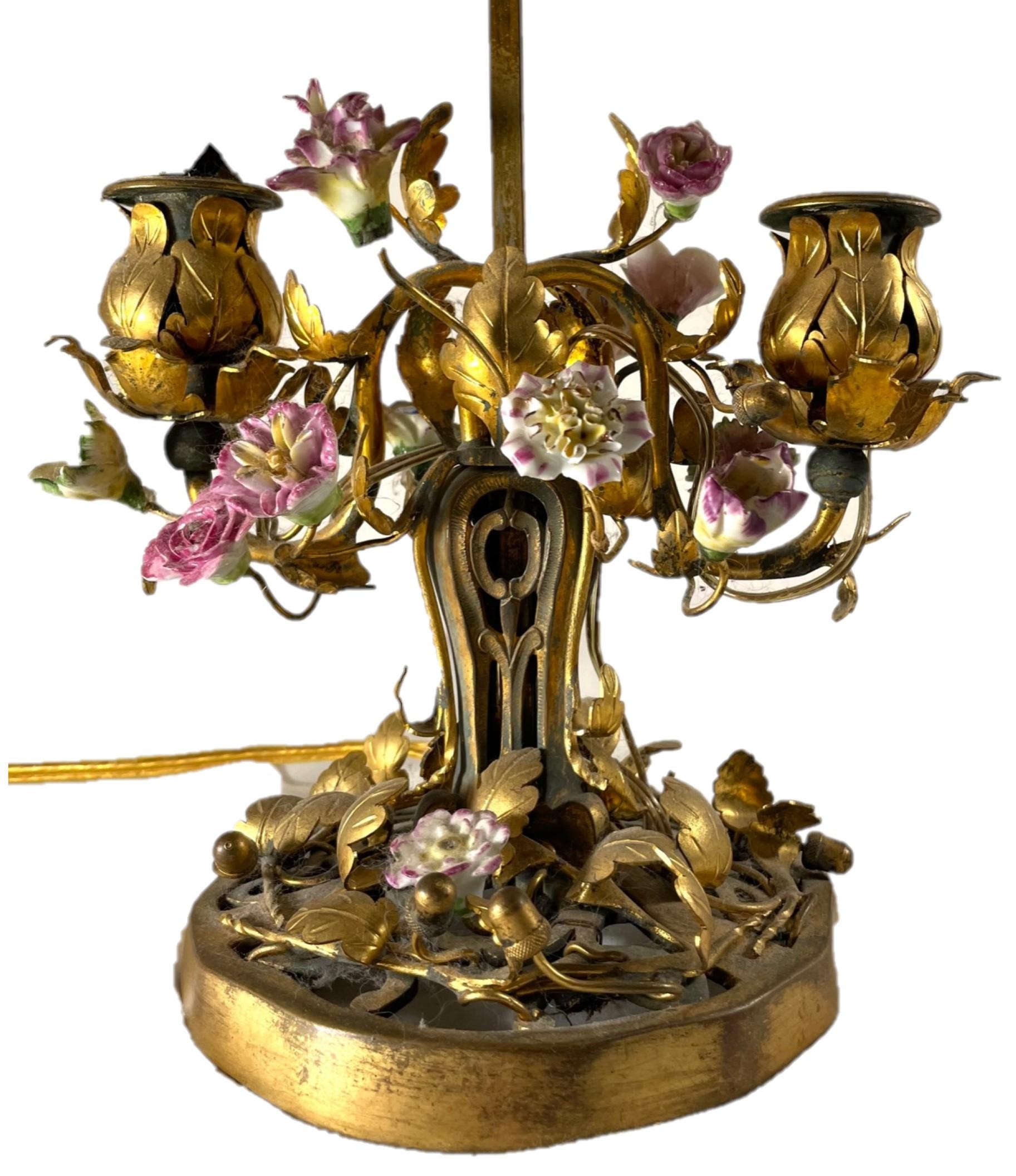 Bronzed French Louis XV Style Ormolu Mounted Porcelain and Tole Two-Light Table Lamp