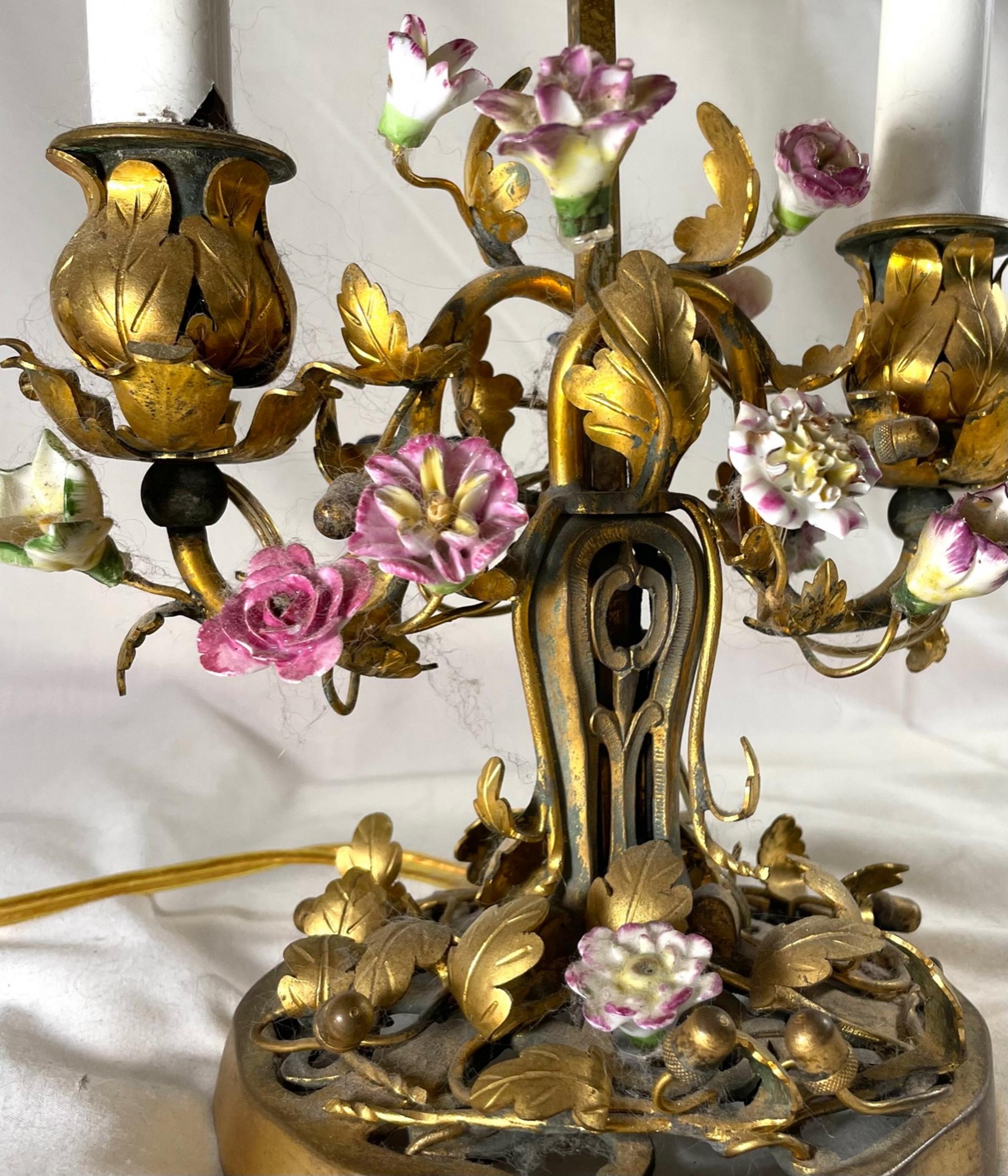 19th Century French Louis XV Style Ormolu Mounted Porcelain and Tole Two-Light Table Lamp