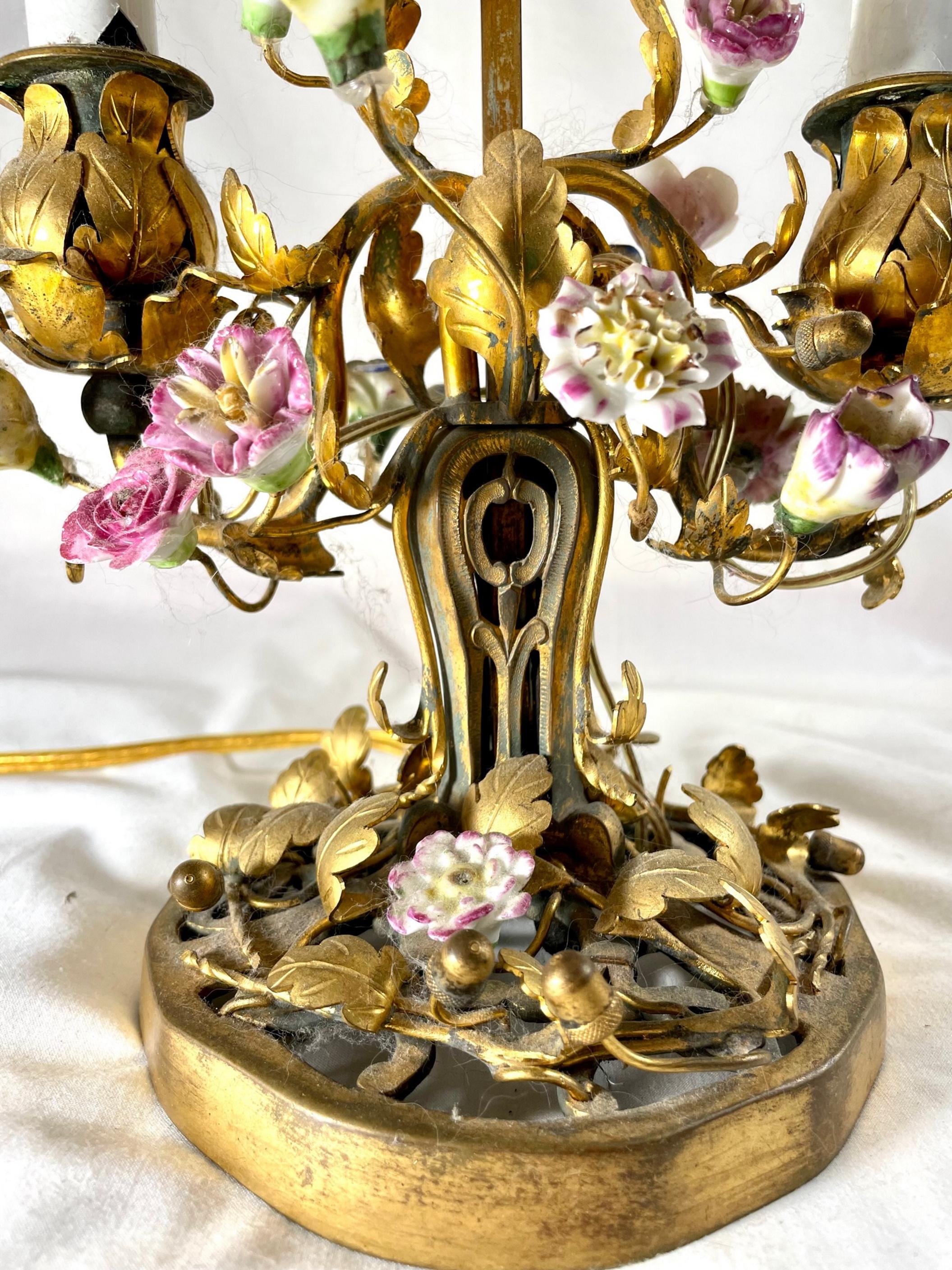 French Louis XV Style Ormolu Mounted Porcelain and Tole Two-Light Table Lamp 1