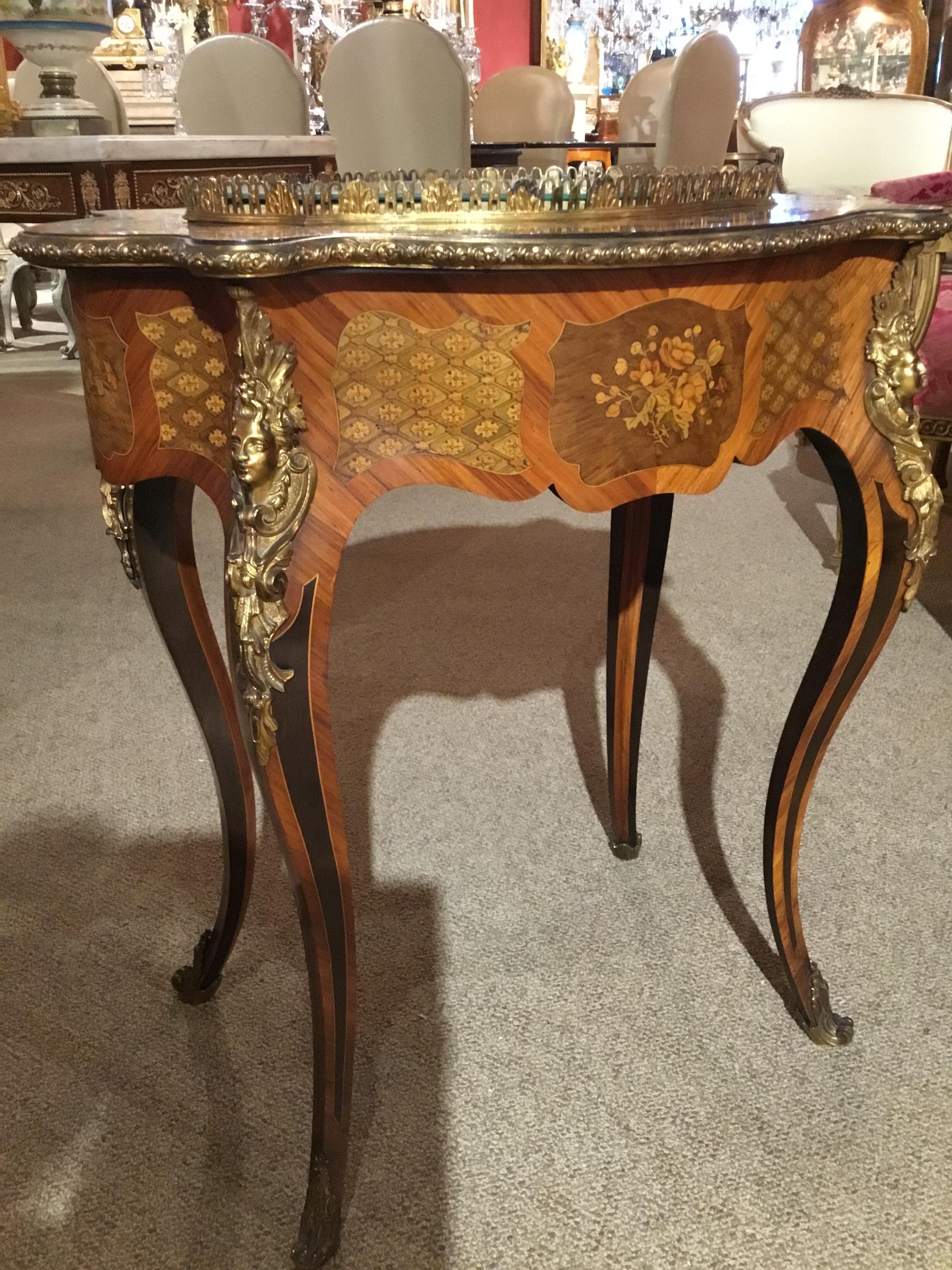 Ebony French Louis XV Style Oval Side Table with Marquetry and Bronze Dore Mounts