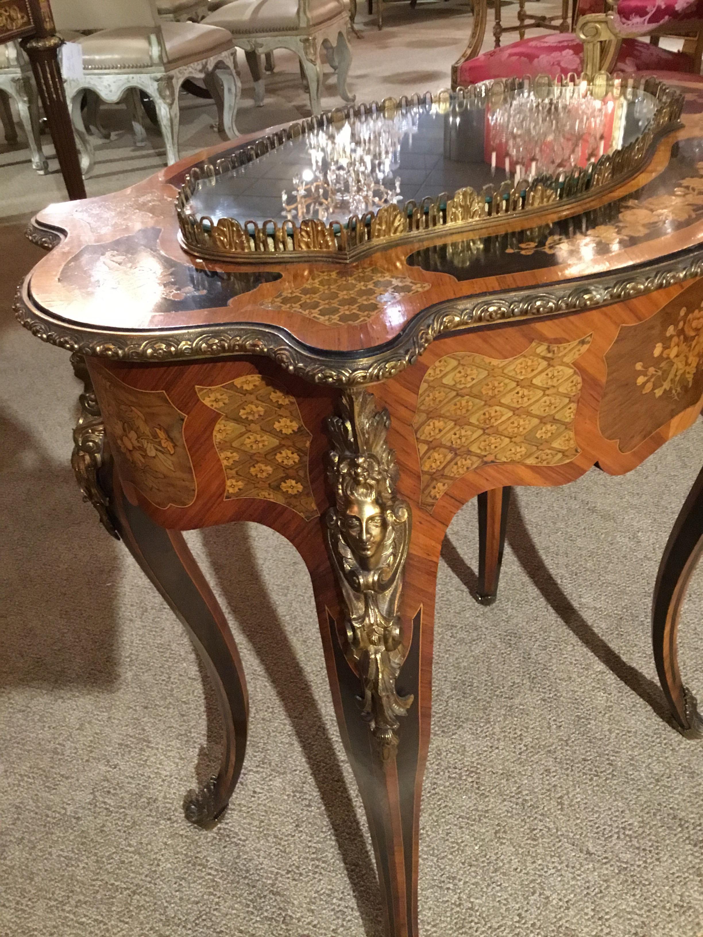 French Louis XV Style Oval Side Table with Marquetry and Bronze Dore Mounts 1