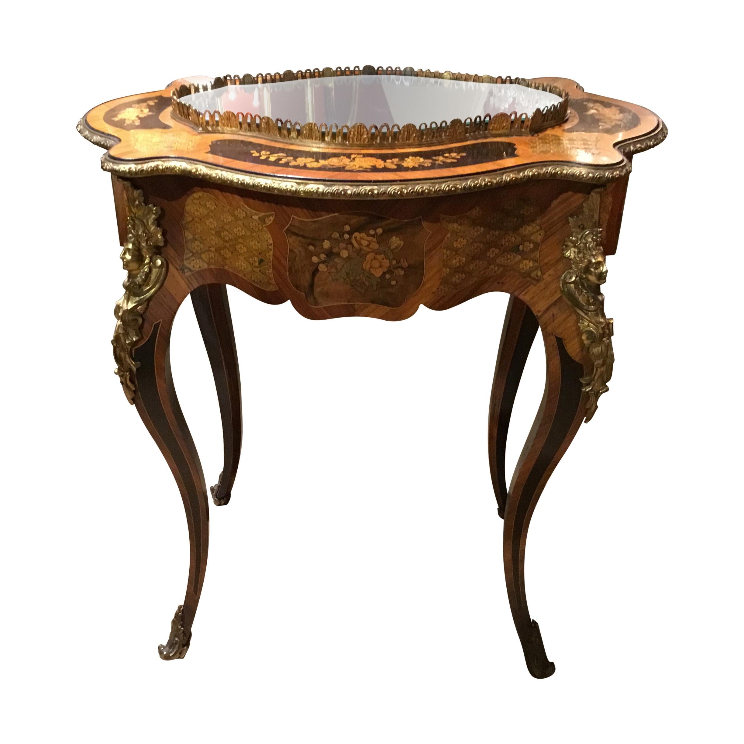 French Louis XV Style Oval Side Table with Marquetry and Bronze Dore Mounts