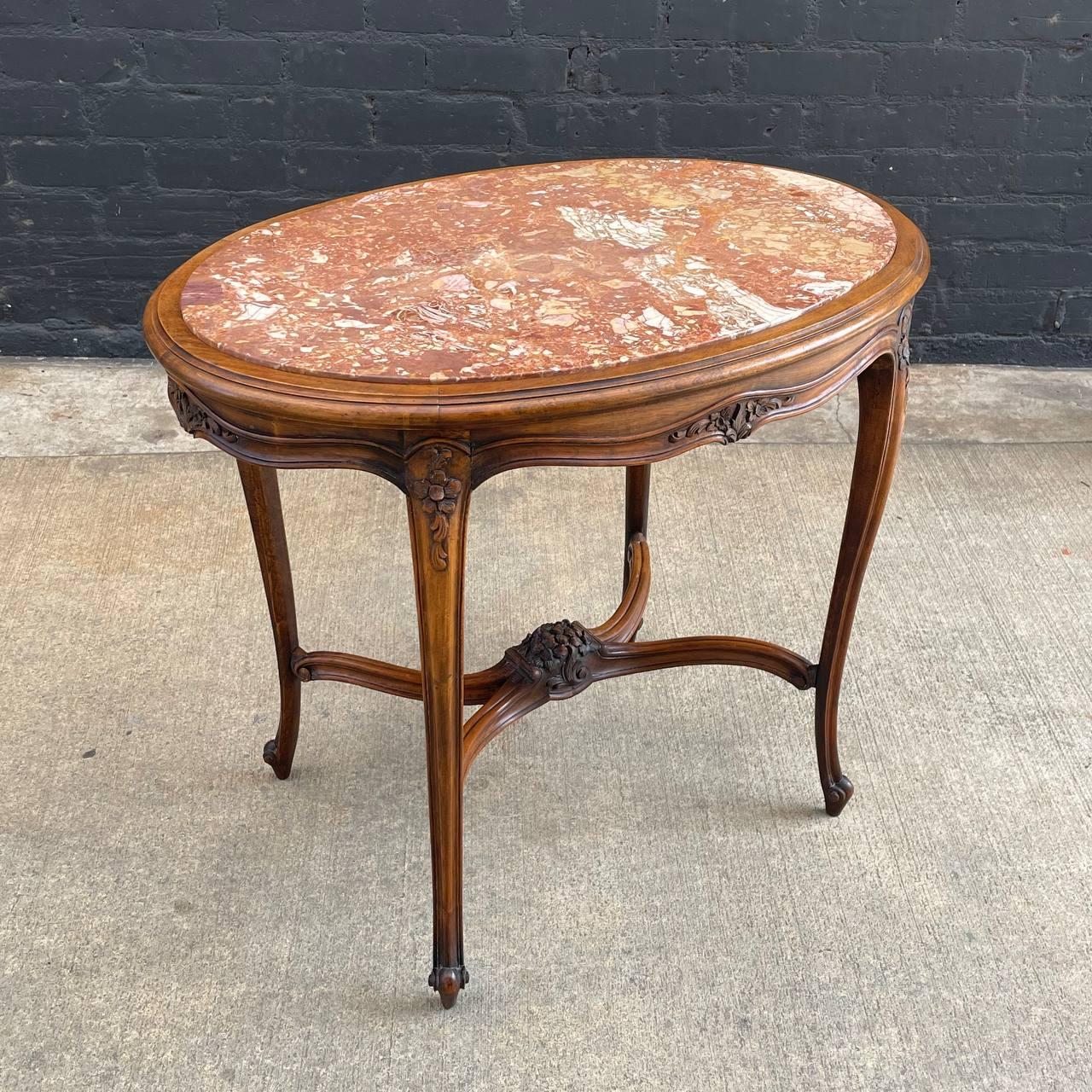French Louis XV Style Oval Table with Marble Top

Country: France
Materials: Carved Wood, Original Marble Stone
Condition: Original Condition
Style: French Antique
Year: 1950’s

$1,895

Dimensions 
30”H x 36”W x 25”D.