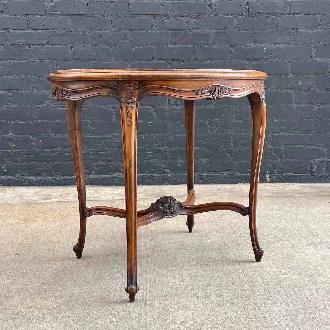 Mid-20th Century French Louis XV Style Oval Table with Marble Top For Sale