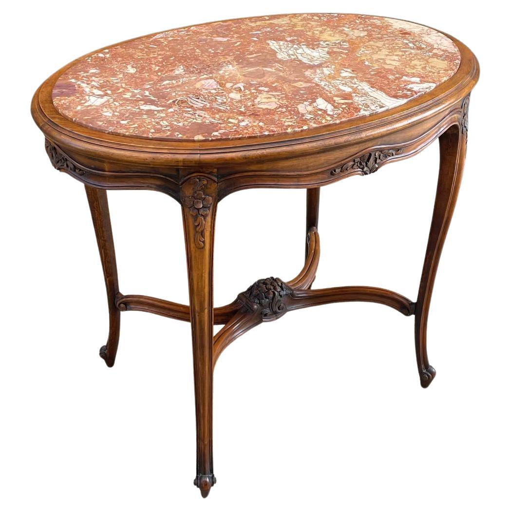 Table ovale française de style Louis XV avec plateau en marbre