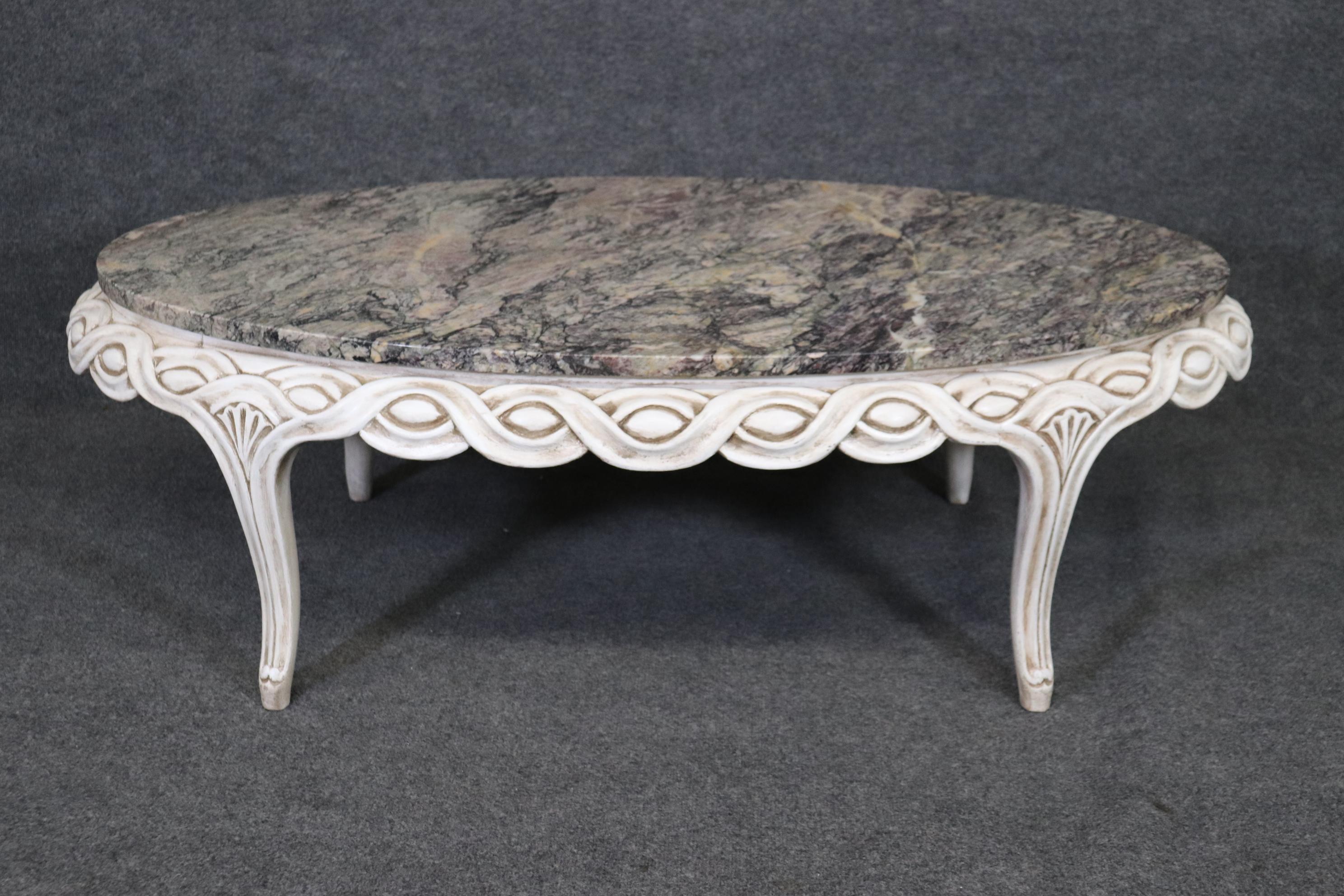 Carved French Louis XV Style Paint Decorated Marble Top Coffee Table