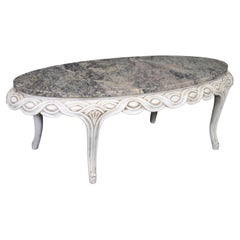 French Louis XV Style Paint Decorated Marble Top Coffee Table