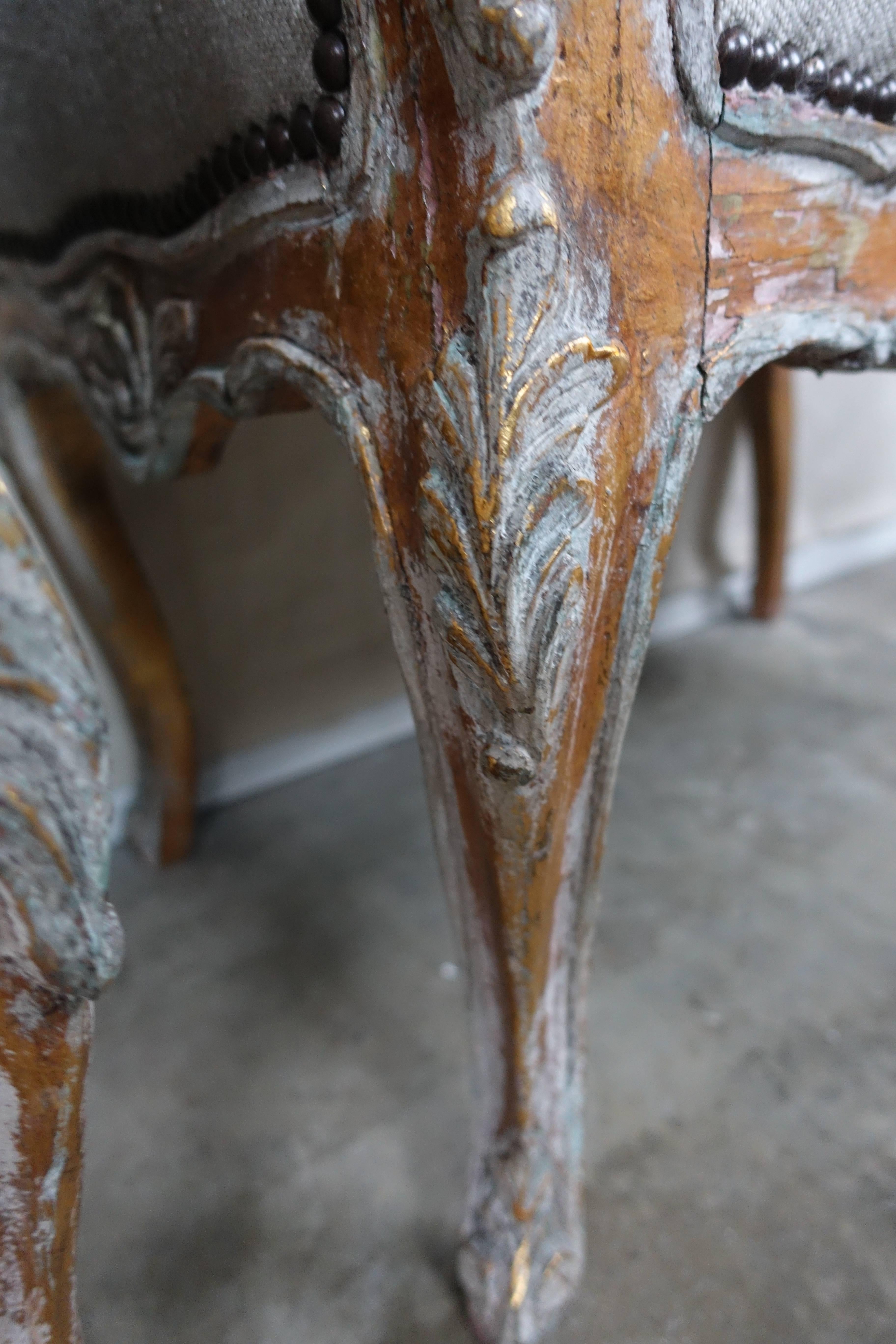French Louis XV Style Painted and Parcel-Gilt Belgium Linen Benches, Pair 5