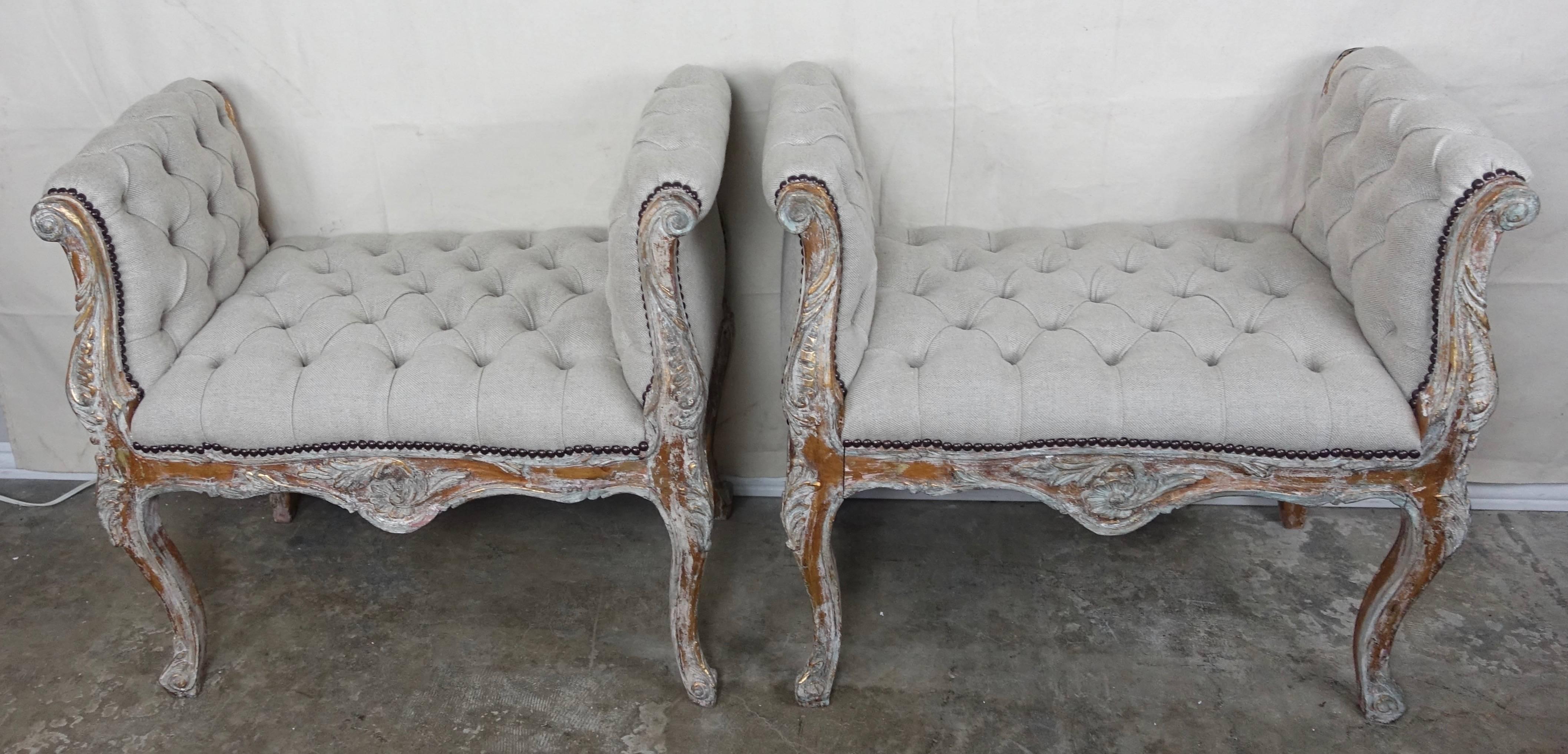 Hand-Painted French Louis XV Style Painted and Parcel-Gilt Belgium Linen Benches, Pair
