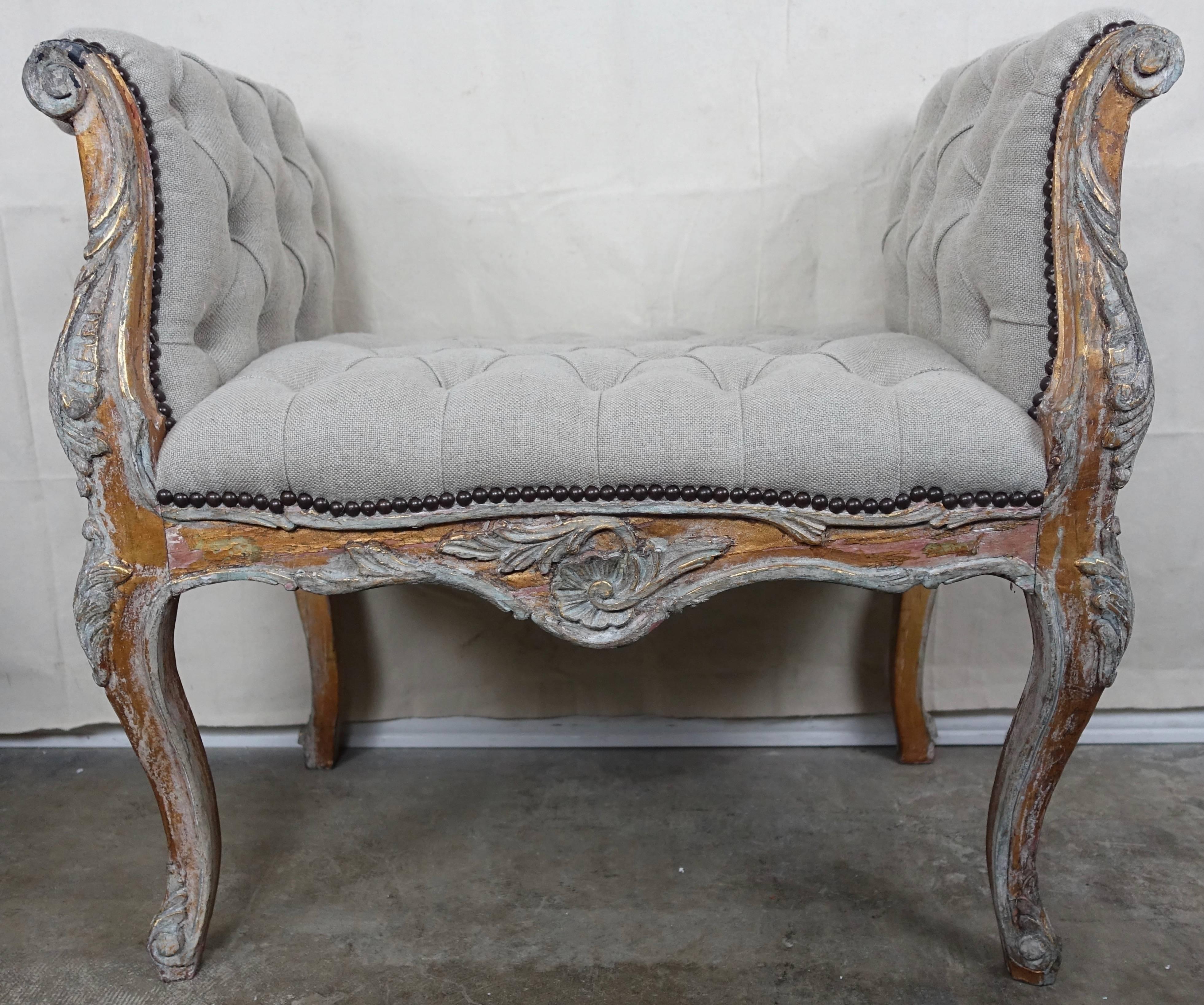 French Louis XV Style Painted and Parcel-Gilt Belgium Linen Benches, Pair 1