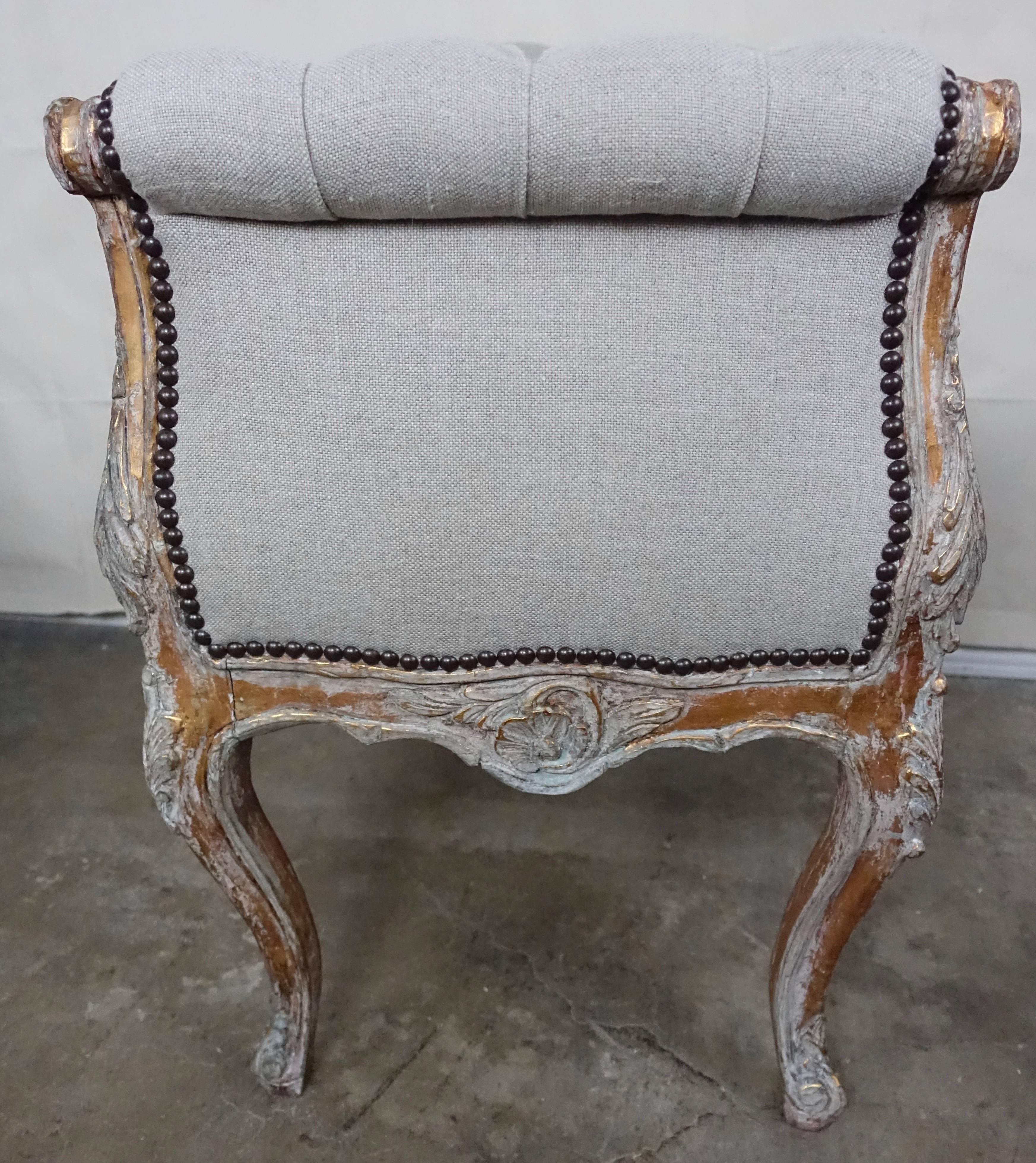 French Louis XV Style Painted and Parcel-Gilt Belgium Linen Benches, Pair 2