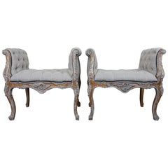 French Louis XV Style Painted and Parcel-Gilt Belgium Linen Benches, Pair