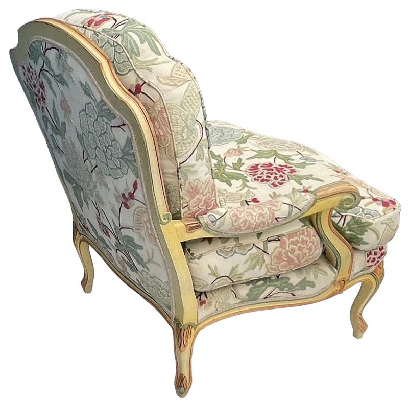 American French Louis XV Style Painted Bergere Chair Upholstered In Floral Crewel Linen
