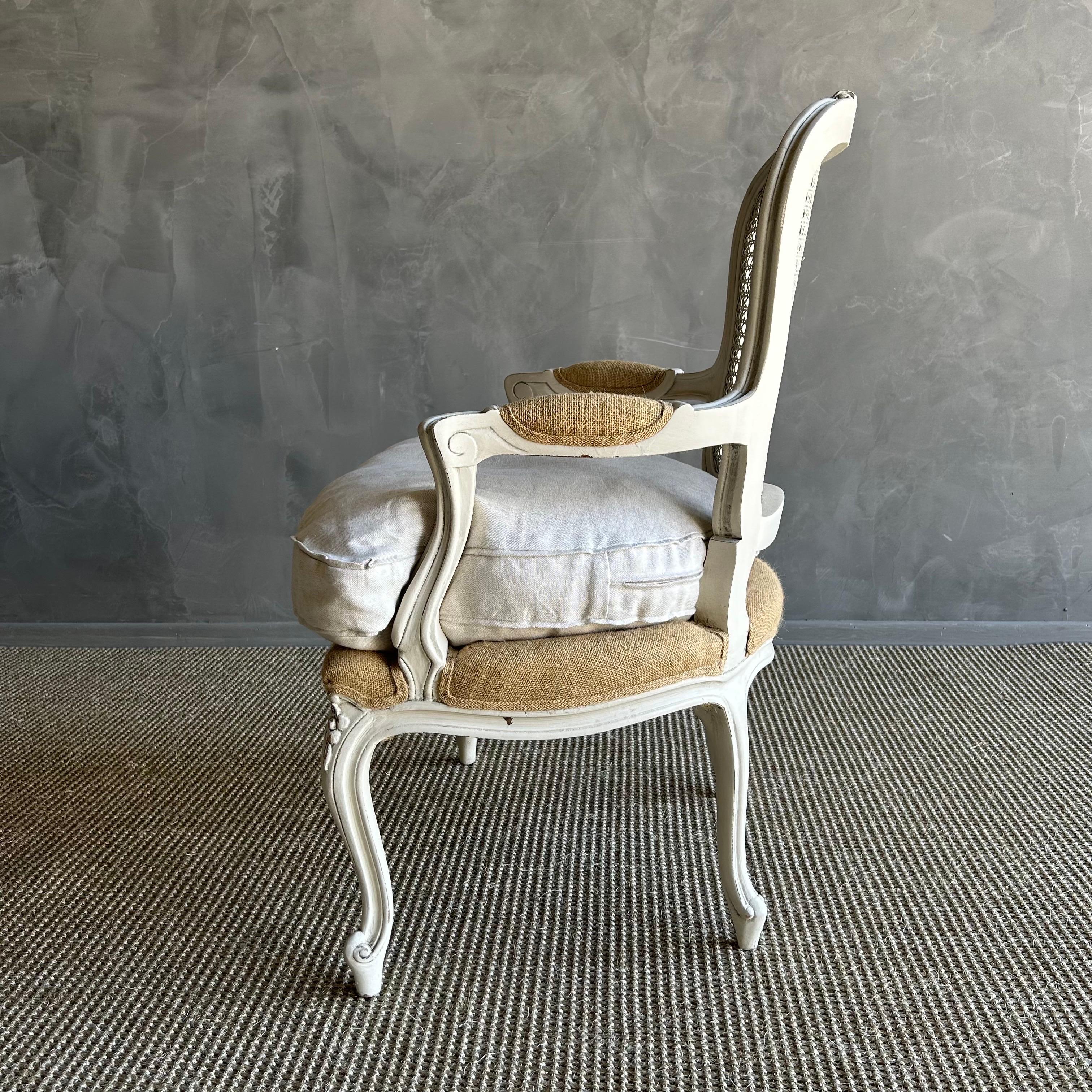 Linen French Louis XV Style Painted Cane Chair