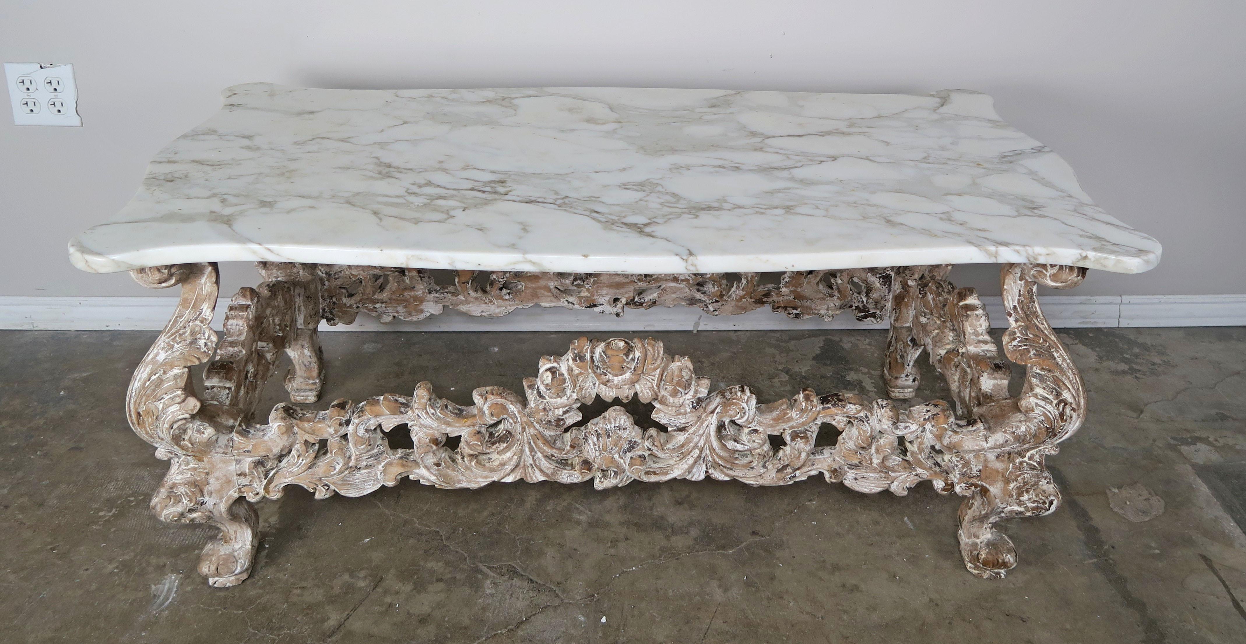 Rococo French Louis XV Style Painted Coffee Table with Carrara Marble Top