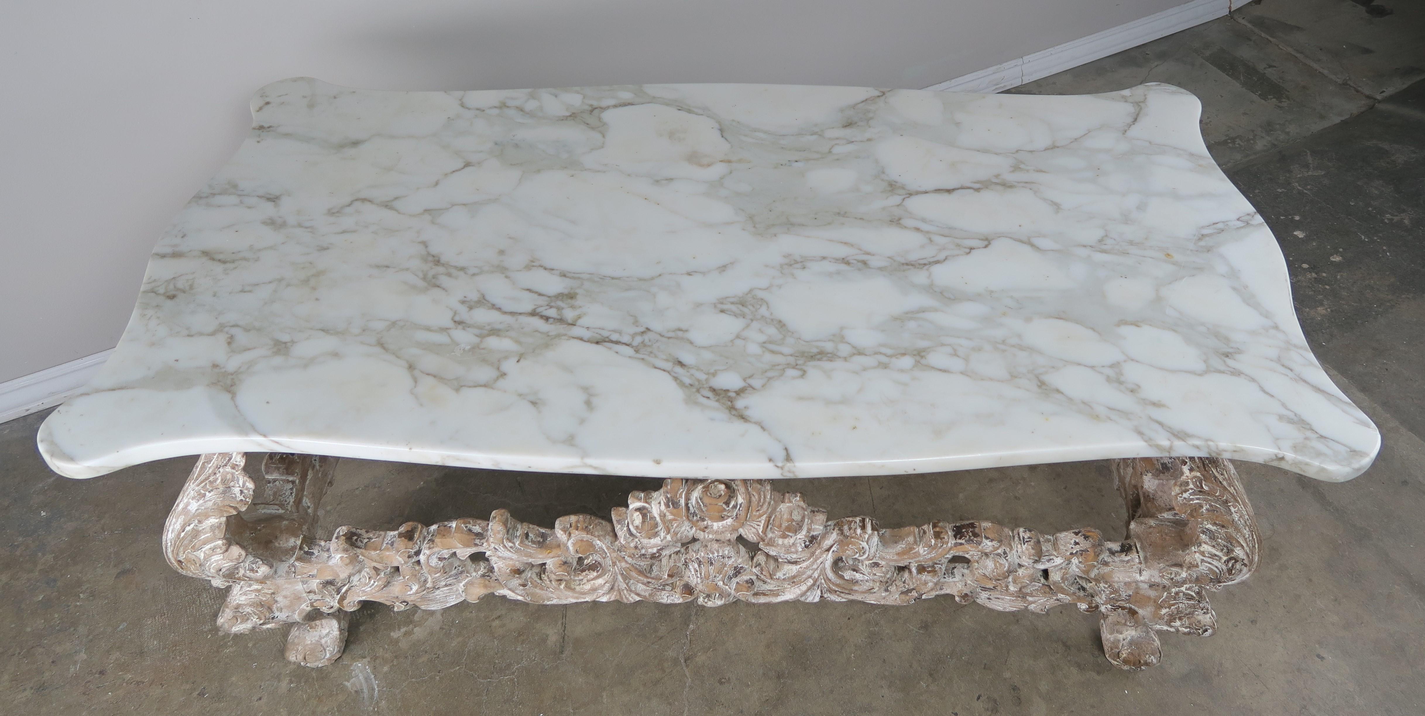 French Louis XV Style Painted Coffee Table with Carrara Marble Top In Distressed Condition In Los Angeles, CA