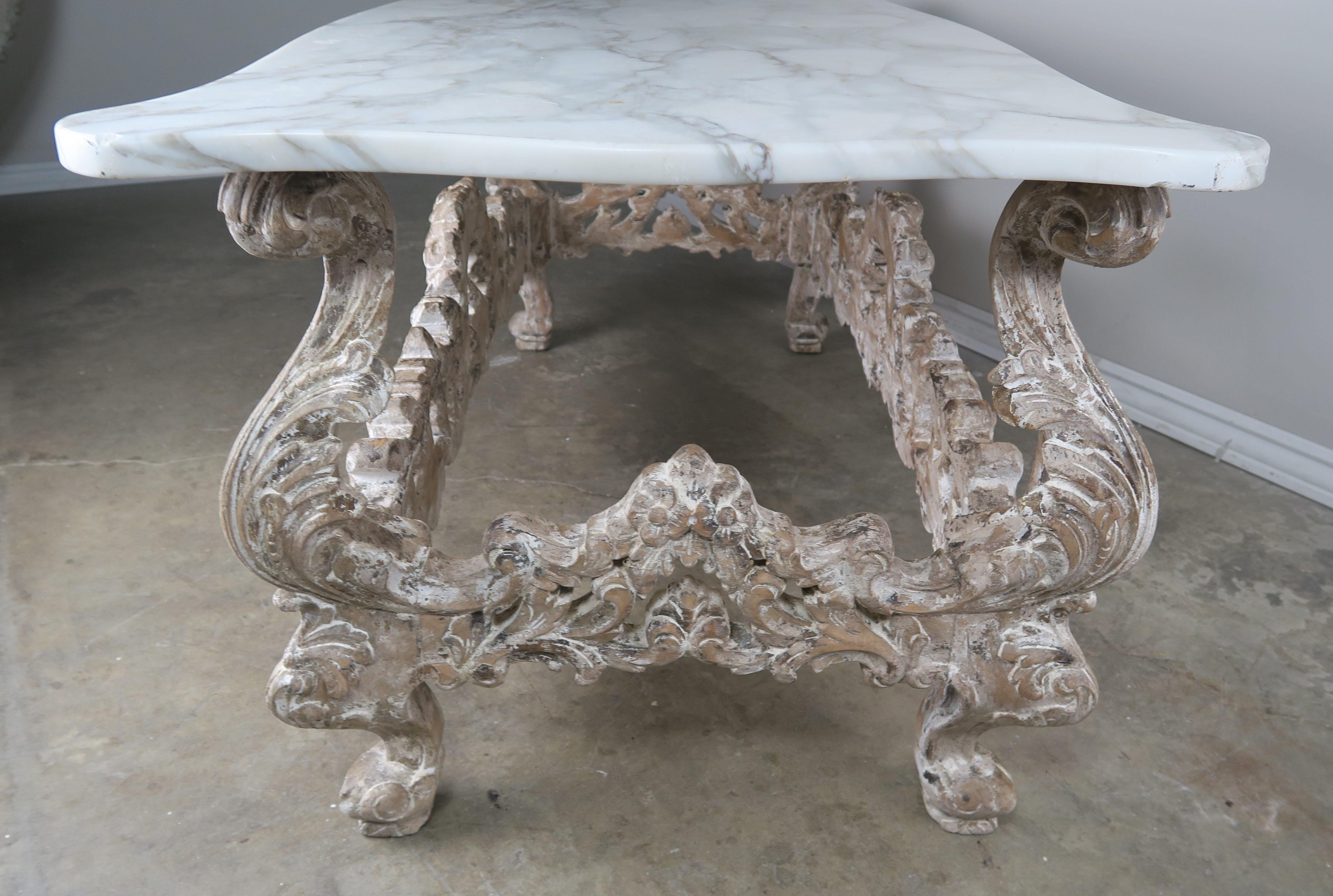 Early 20th Century French Louis XV Style Painted Coffee Table with Carrara Marble Top